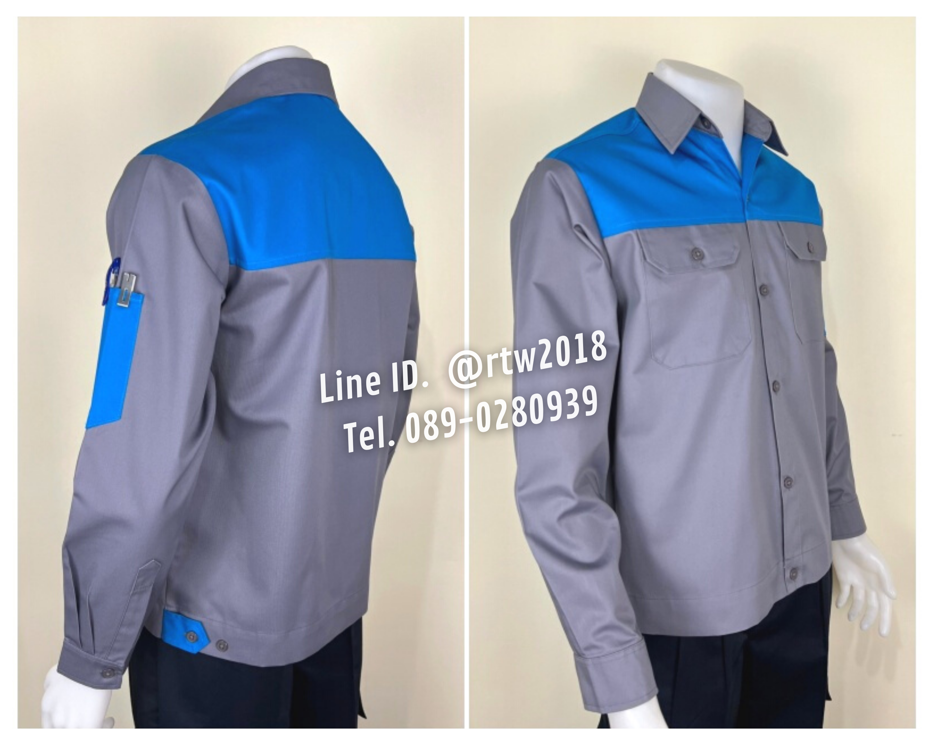 รหัส AB14.5 : เสื้อช่างแขนยาวผ้าคอมทวิวสีเทาอกฟ้าเข้ม