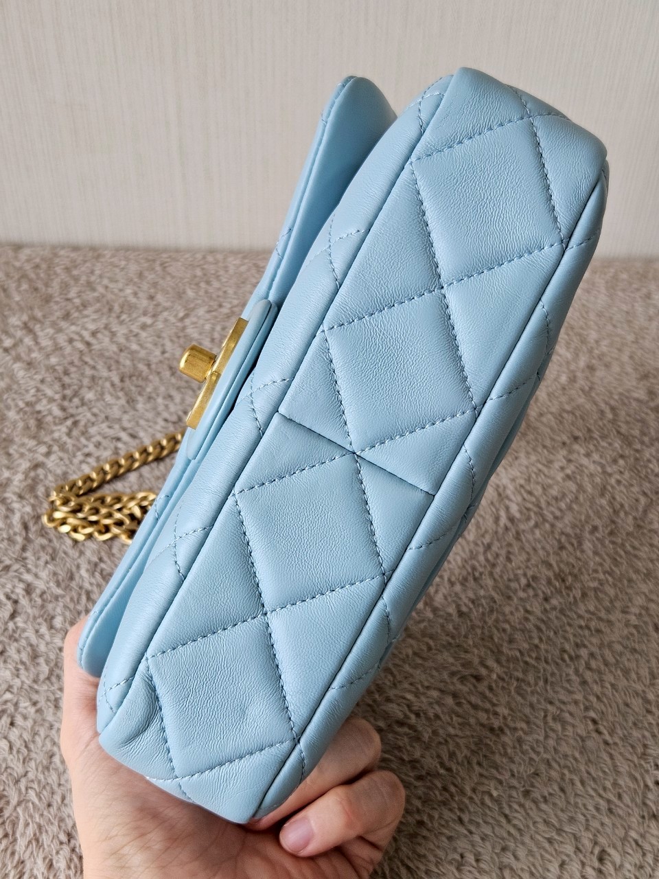 Chanel 22P Seasonal Mini Square Flap Bag Lambskin Light Blue And Enamel With Gold Hardware Metalplate