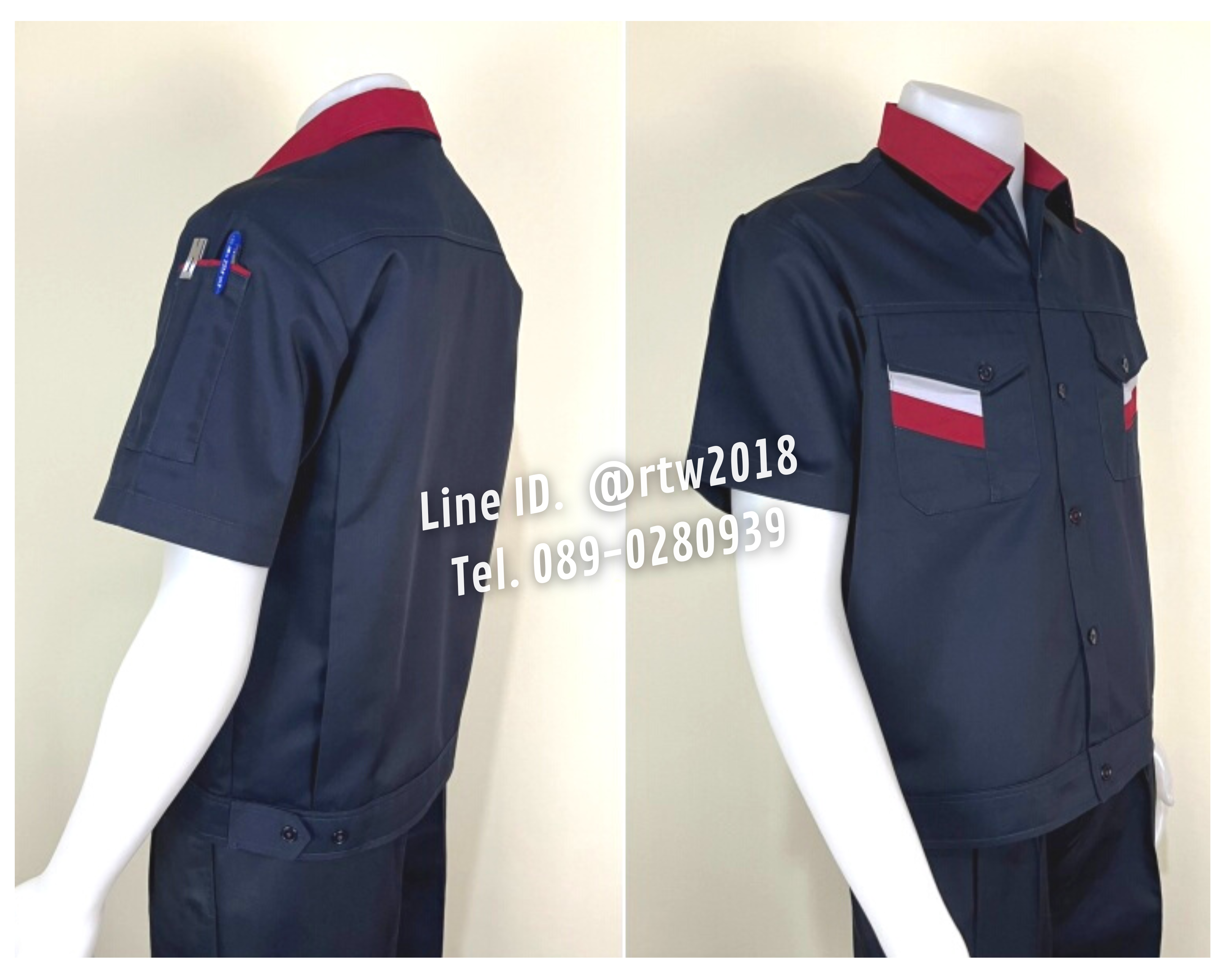 รหัส A17.1 : เสื้อช่างแขนสั้นผ้าคอมทวิวพิเศษ 3 สีกรมแต่งเลือดหมู (เอวจั๊ม)