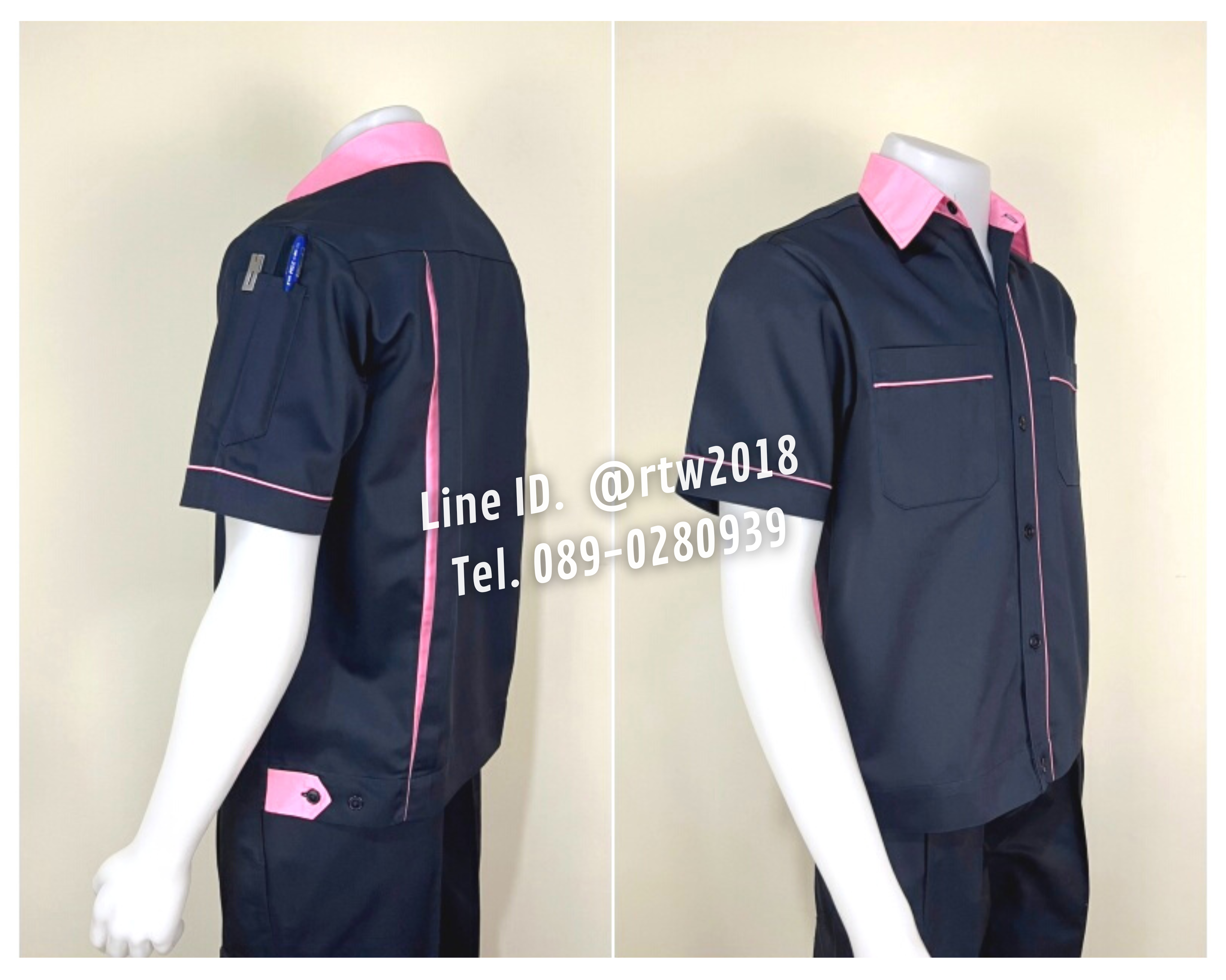 รหัส A6.12 : เสื้อช่างแขนสั้นผ้าคอมทวิวสีกรมท่ากุ้นชมพูอ่อน