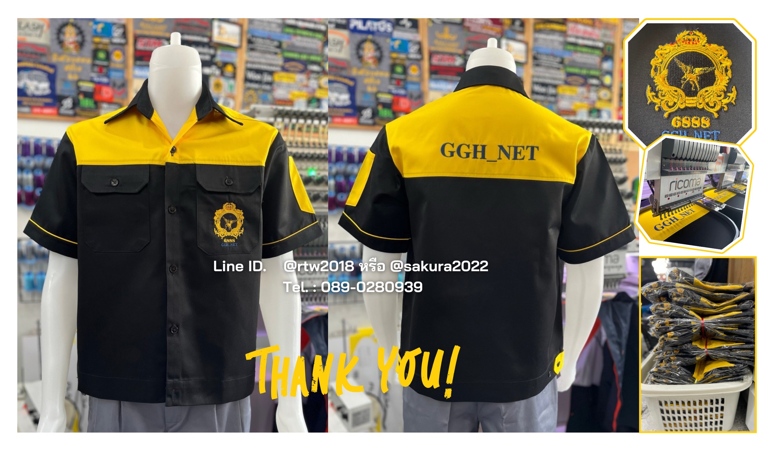 เสื้อช่างแขนสั้นผ้าคอมทวิวสีดำอกเหลืองพร้อมปัก (ขอบคุณ17)