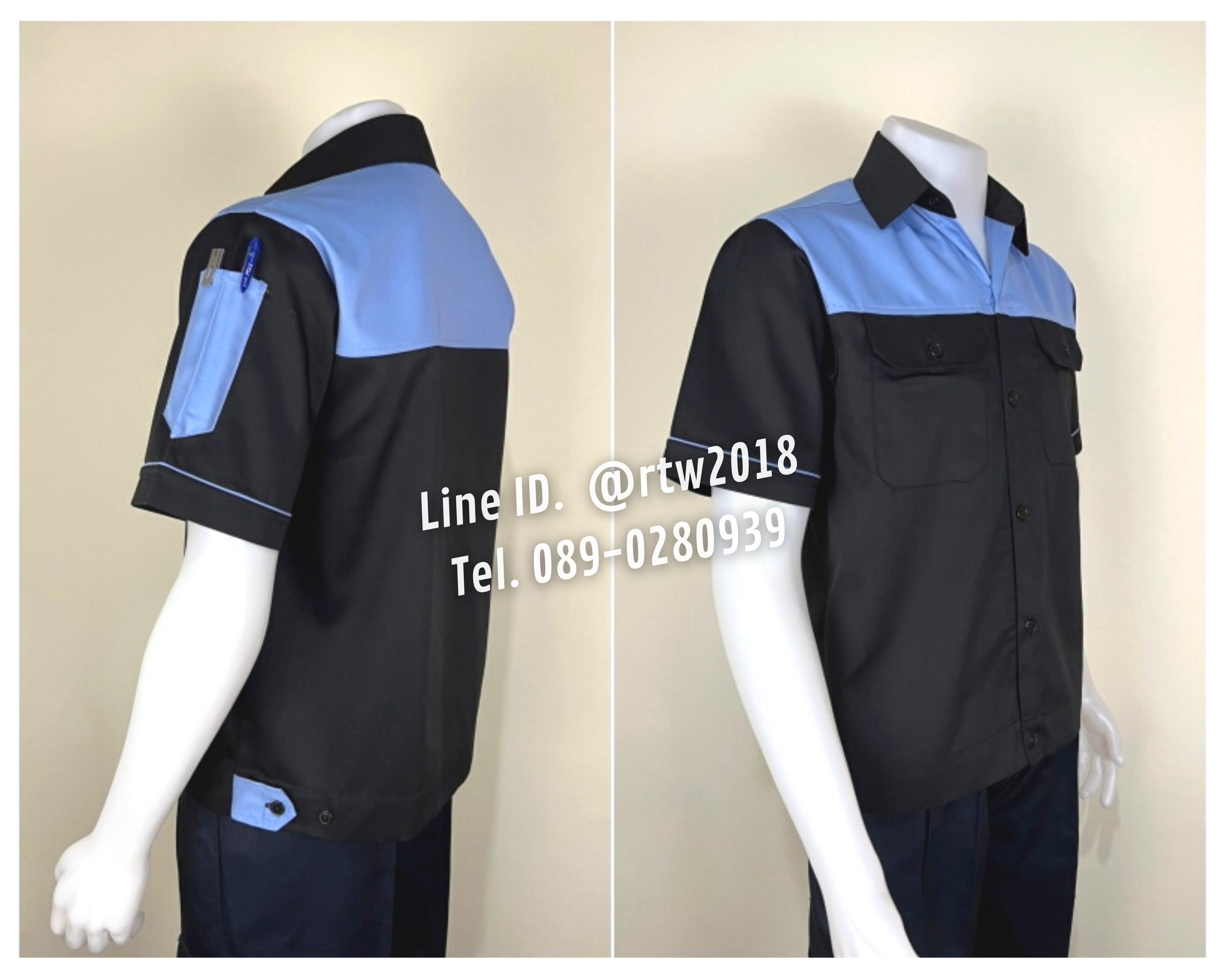 รหัส A24.2 : เสื้อช่างแขนสั้นผ้าคอมทวิวดำอกฟ้า