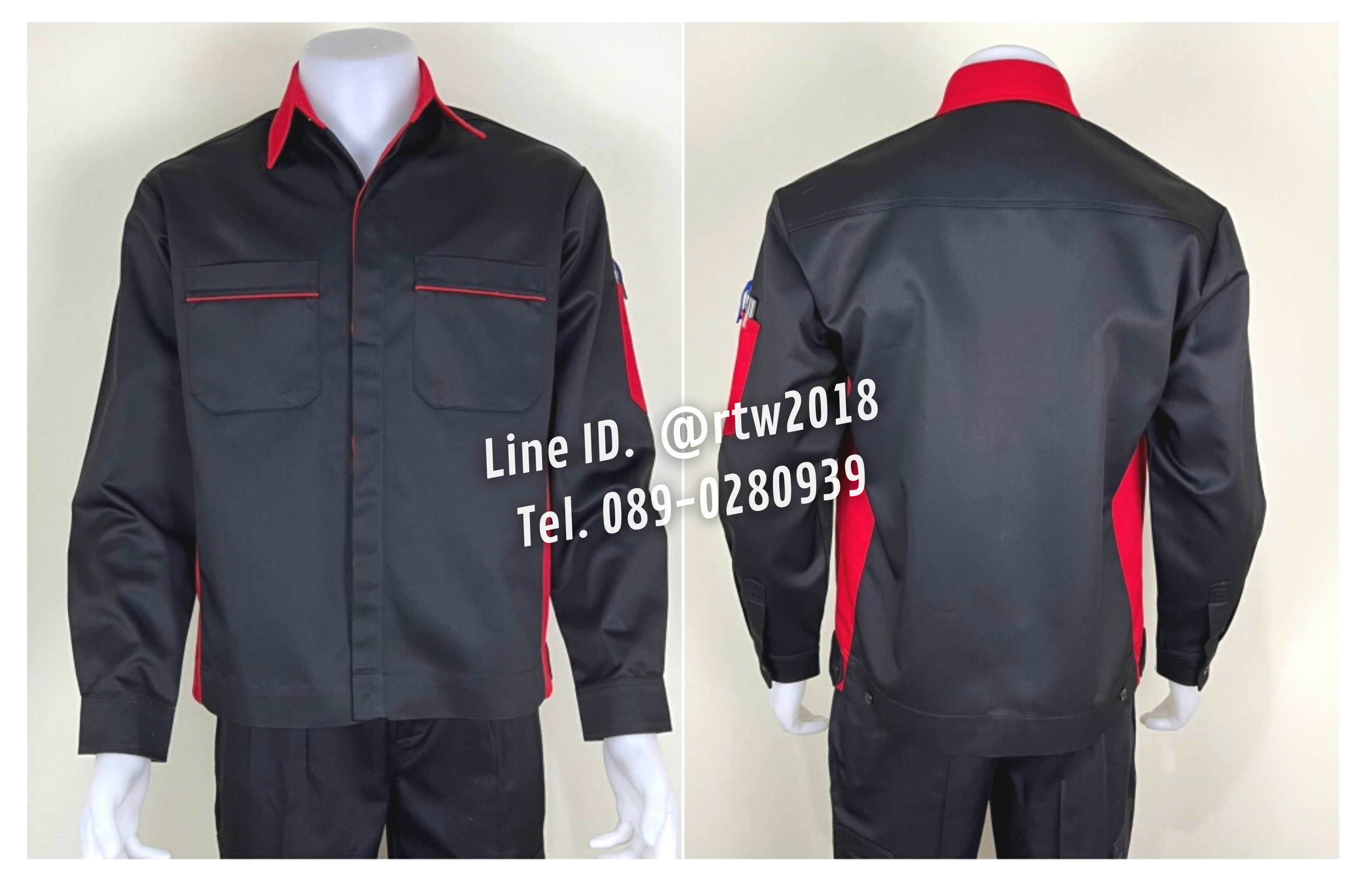 รหัส AB11.6 : เสื้อช่างแขนยาวผ้าคอมทวิวสีดำข้างแดง (ซ่อนสาบ)