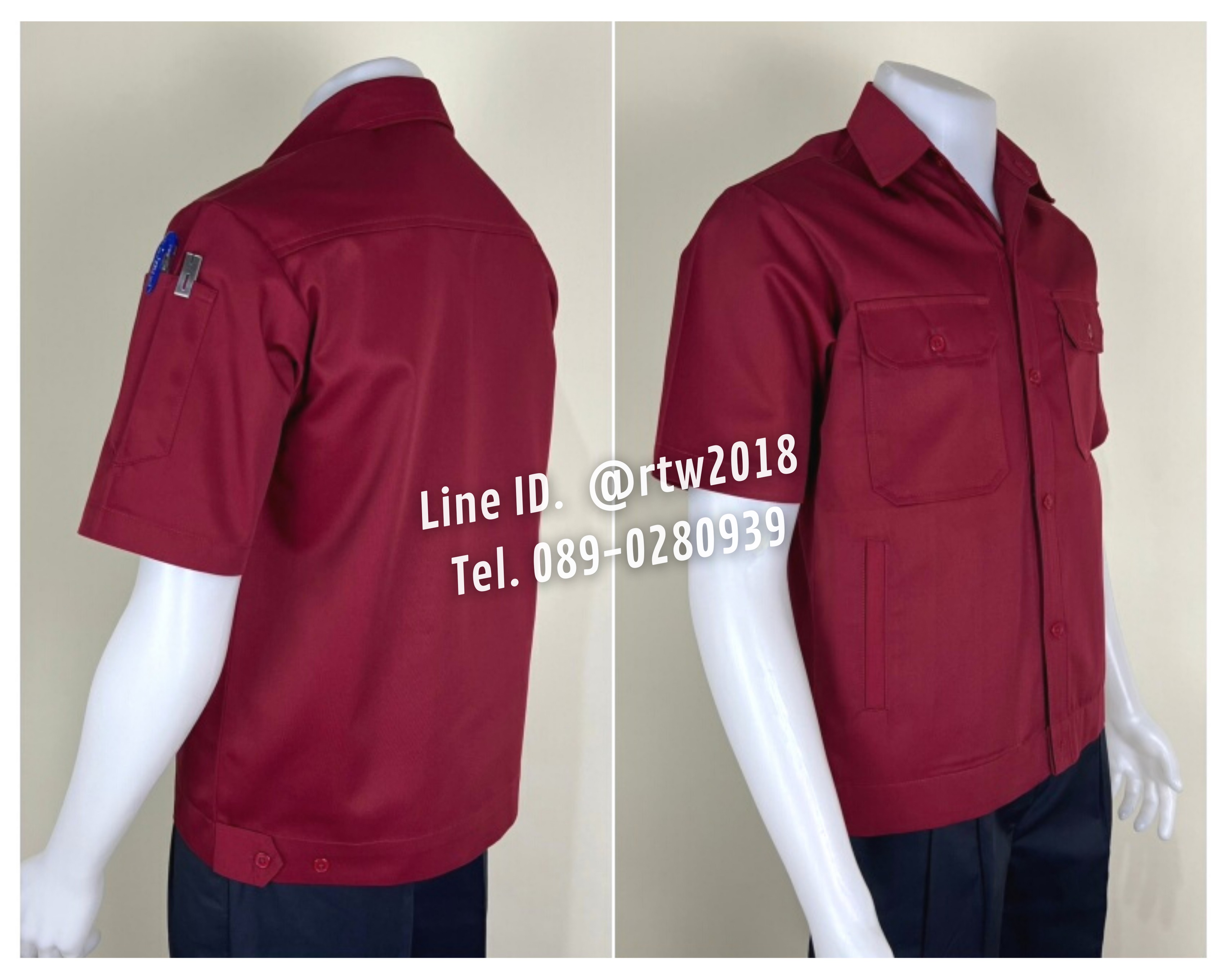 รหัส A4.5 : เสื้อช่างแขนสั้นผ้าคอมทวิวสี่กระเป๋าสีเลือดหมูล้วน