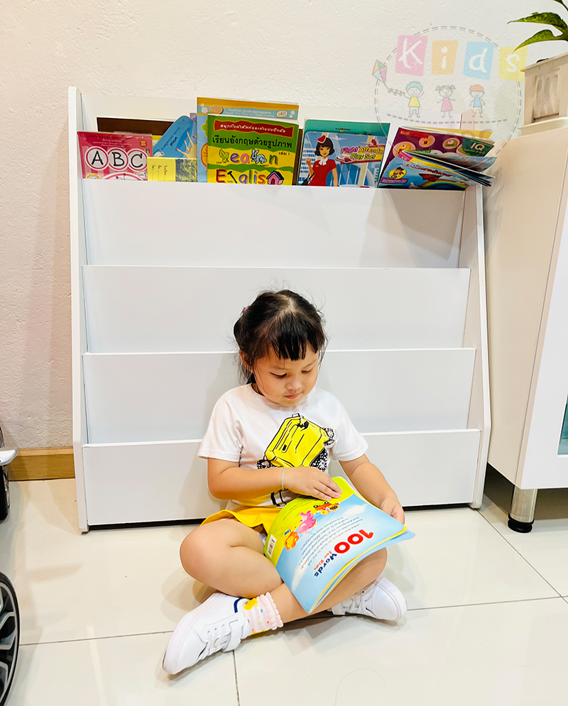 ชั้นวางหนังสือเด็ก ชั้นวางหนังสือโชว์ปก ชั้นวางหนังสือ ชั้นวางหนังสืออนุบาล ชั้นวางหนังสือเด็กอนุบาล สีขาว