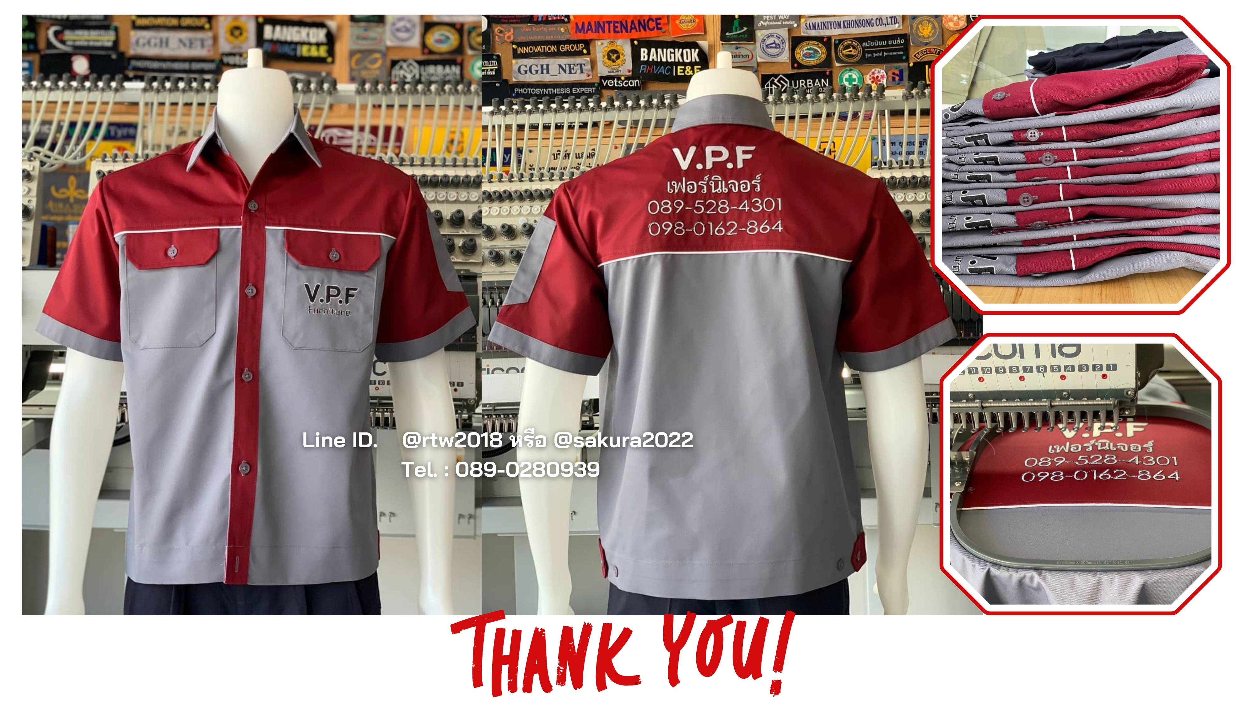 รหัส A25.4 : เสื้อช่างแขนสั้นผ้าคอมทวิวสีเทาอก+แขนเลือดหมู (กุ้นขาว)