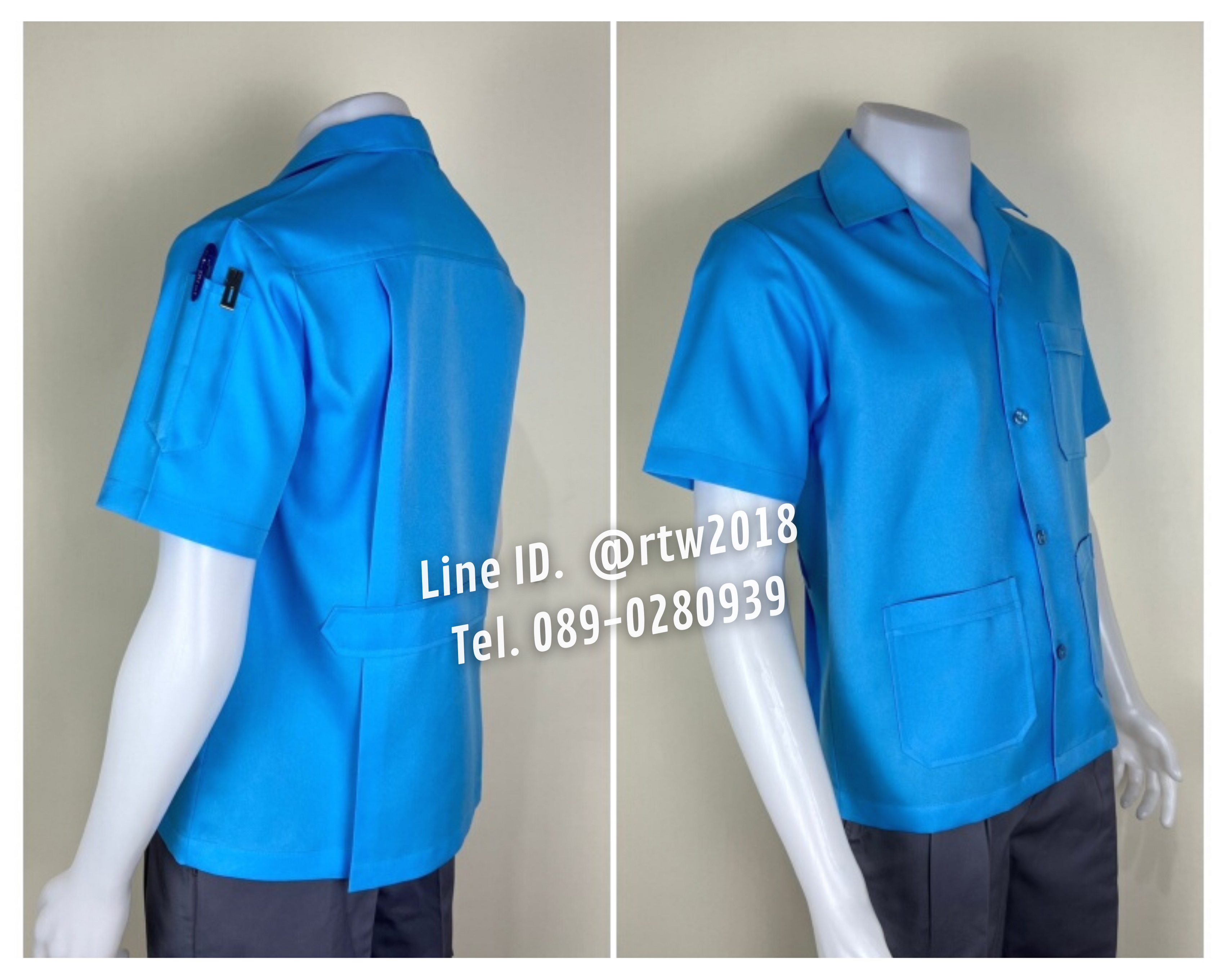 รหัส H4 : [Pre-Order] เสื้อโรงงานผ้าโซล่อนสามกระเป๋าสีฟ้าอ่อน