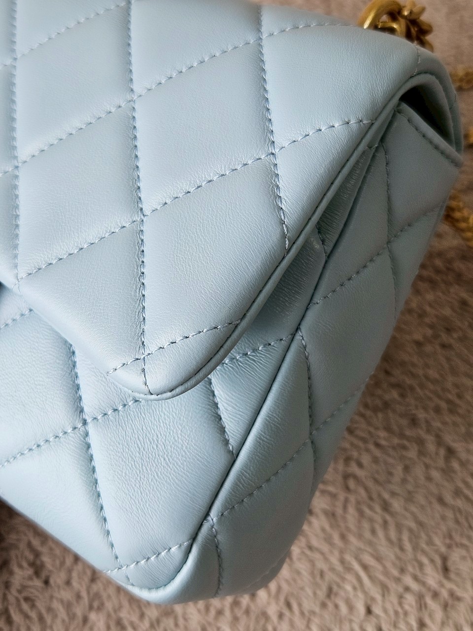 Chanel 22P Seasonal Mini Square Flap Bag Lambskin Light Blue And Enamel With Gold Hardware Metalplate