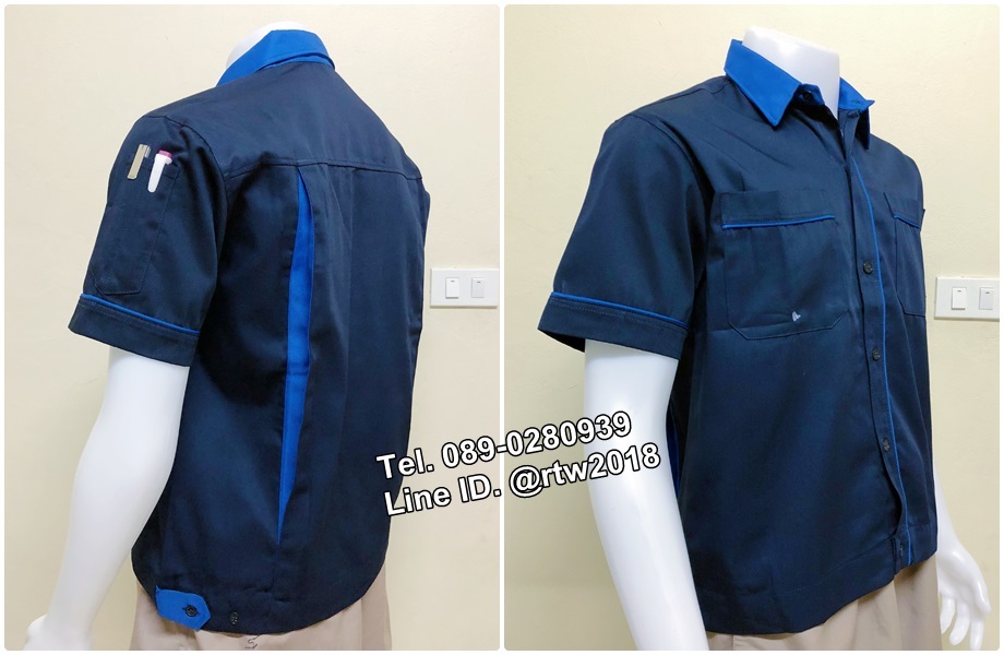 เสื้อช็อปแขนสั้นแบบกรมกุ้นน้ำเงิน (รหัส A14)