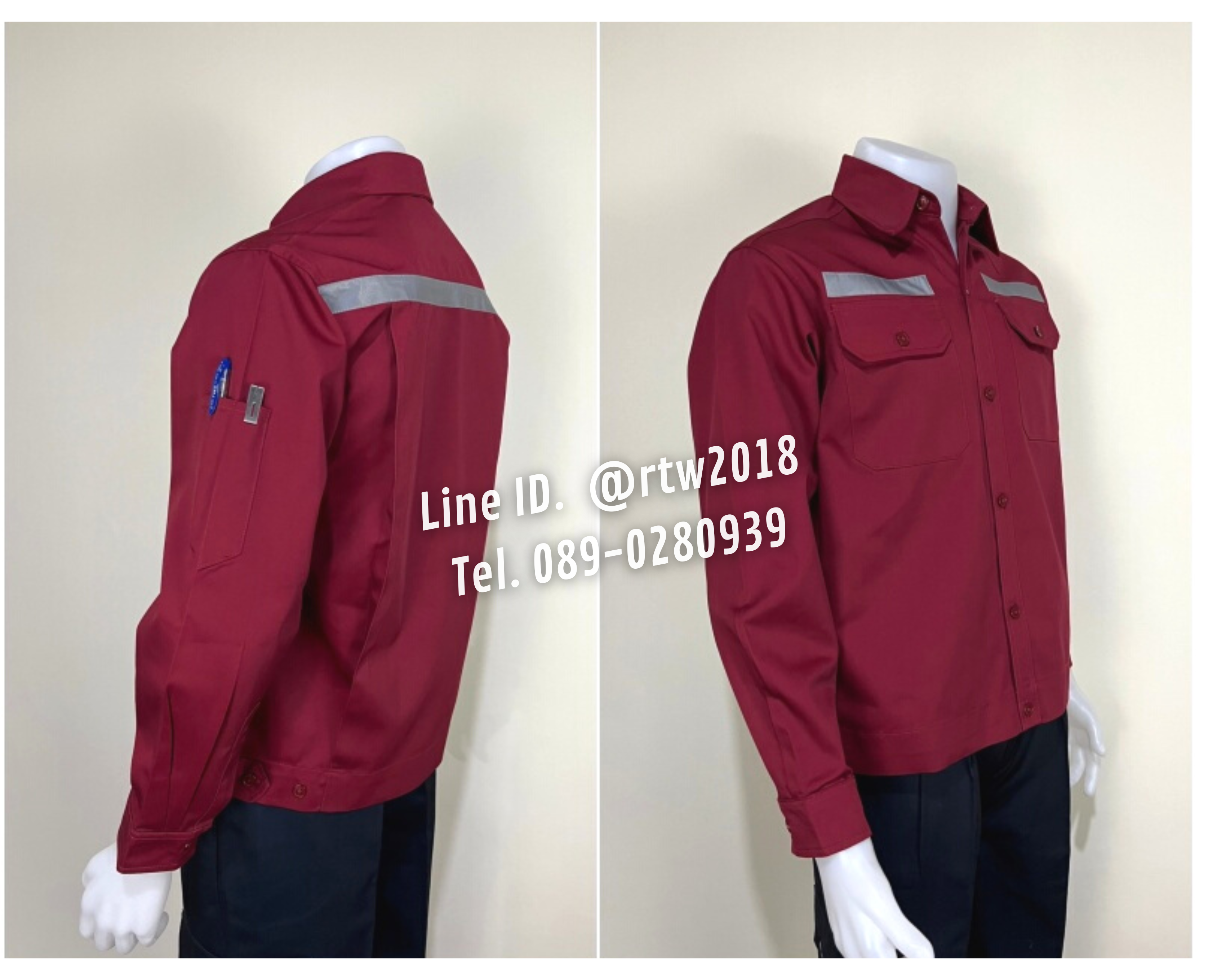 รหัส AB1.7 : เสื้อช่างแขนยาวผ้าคอมทวิวสีเลือดหมูล้วน (ติดสะท้อนแสง)