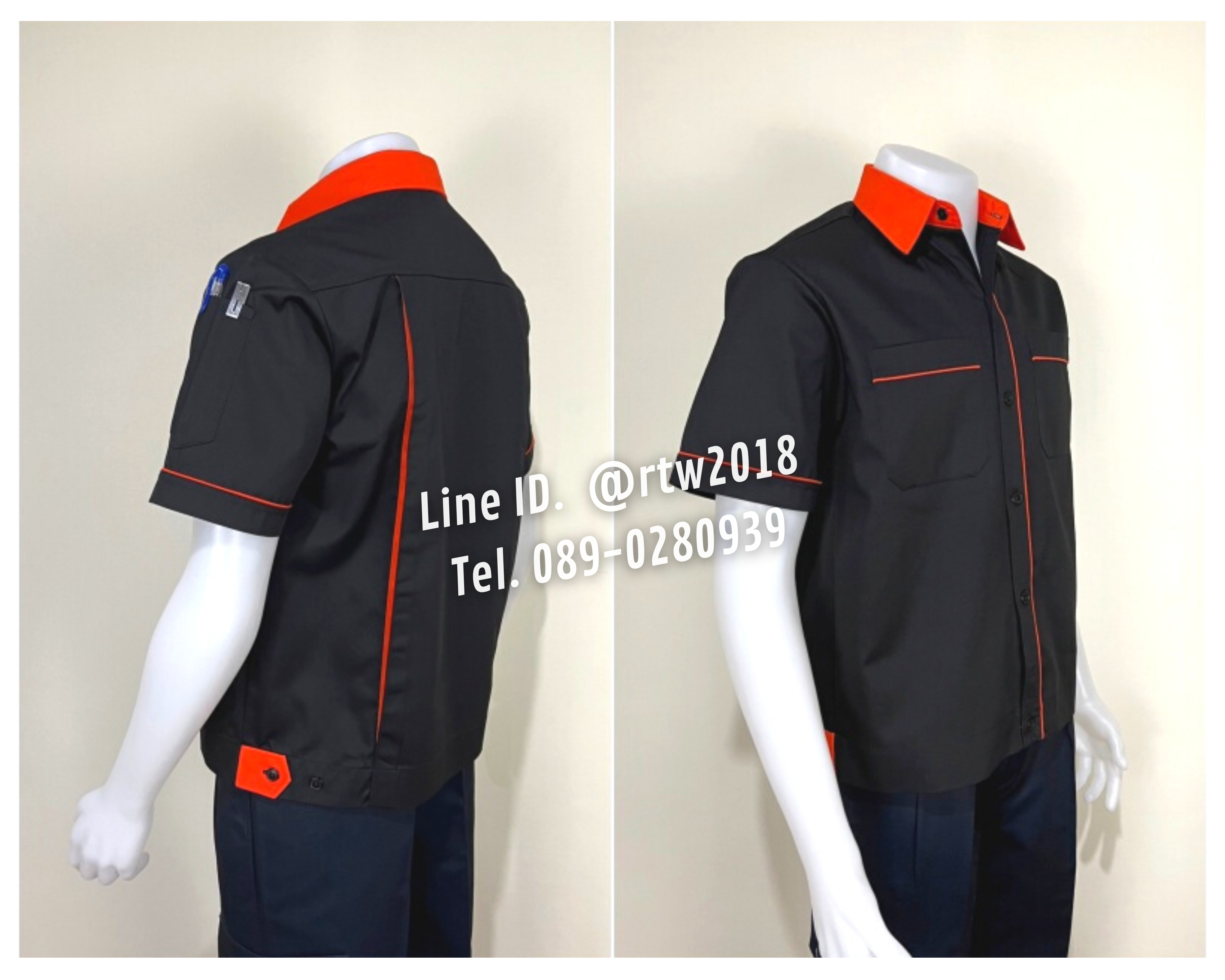 รหัส A7.8 : เสื้อช่างแขนสั้นผ้าคอมทวิวสีดำกุ้นส้ม