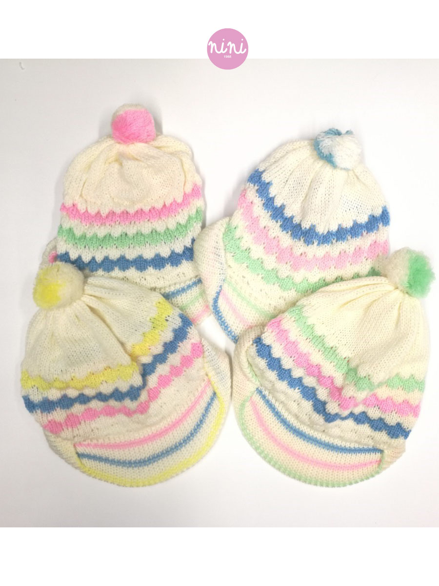 ขายส่ง หมวกไหมพรมเด็กแรกเกิด รุ่นน้อยหน่าปีก-พื้นขาวรุ้ง (ราคาต่อโหล) nongnini1988