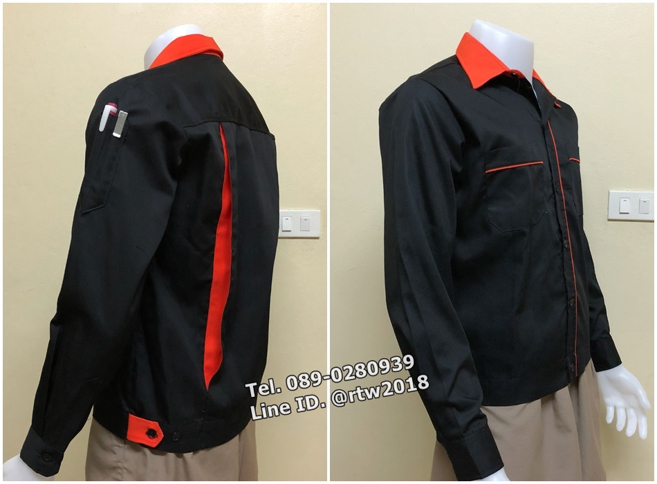 รหัส A73 : เสื้อช่างแขนยาวผ้าคอมแบบดำกุ้นส้ม
