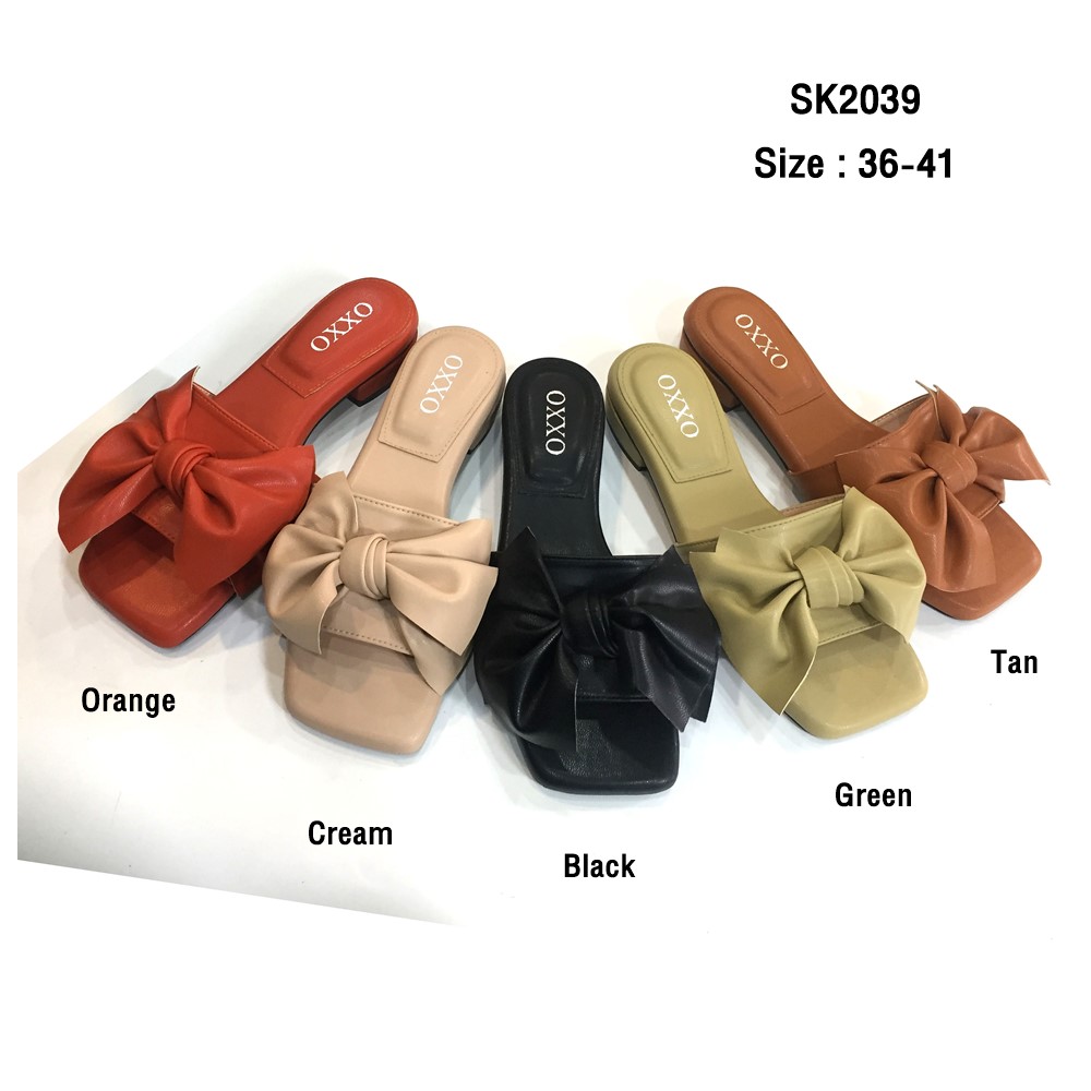 รองเท้าแตะหญิง รองเท้าแตะแบรนด์ รองเท้าแตะเกาหลี Slippers หนัง Pu แบบสวมใส่สบาย รองเท้าแฟชั่น ส้นสูง2cm SK2039