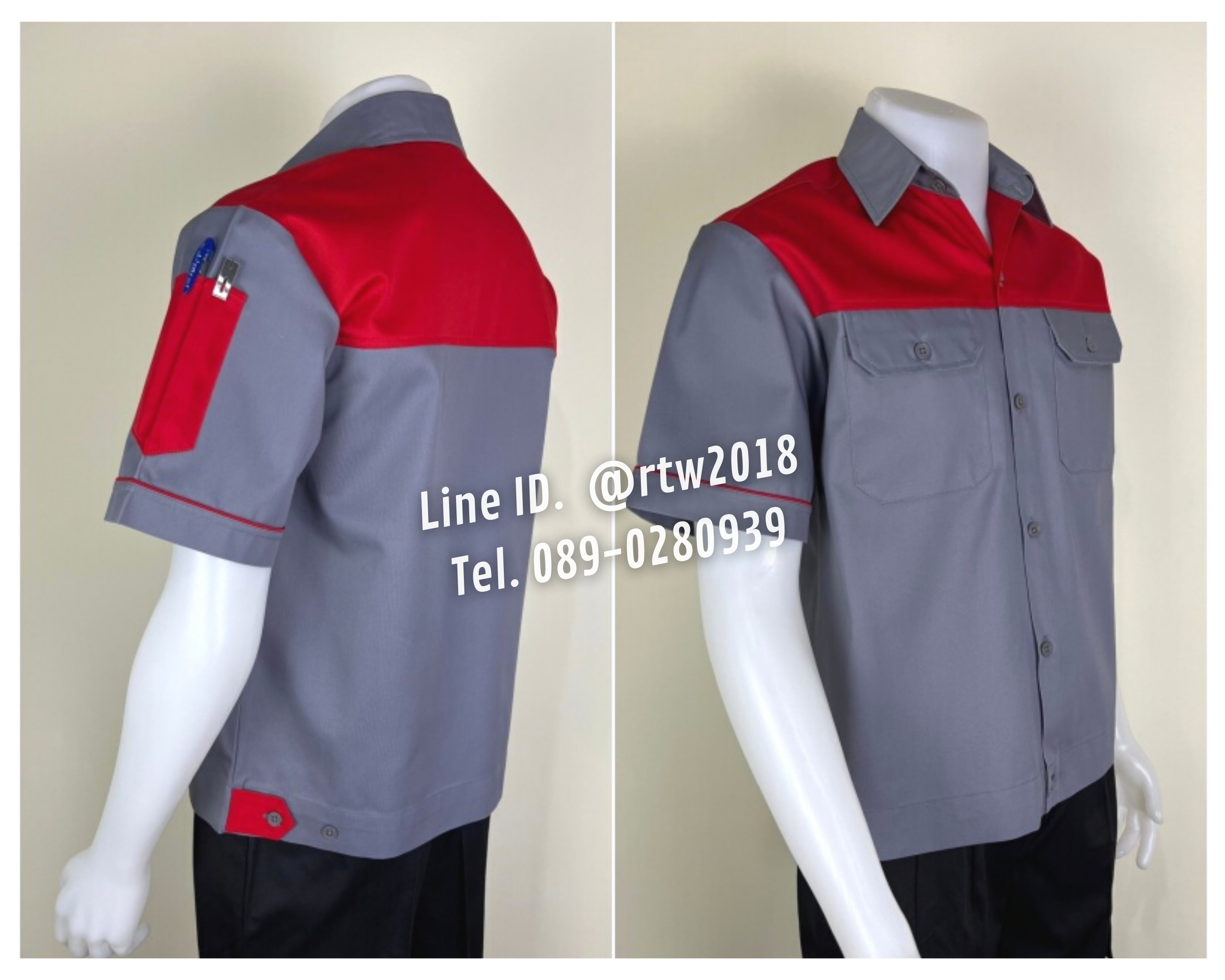 รหัส A22.6 : เสื้อช่างแขนสั้นผ้าคอมทวิวเทาอกแดง