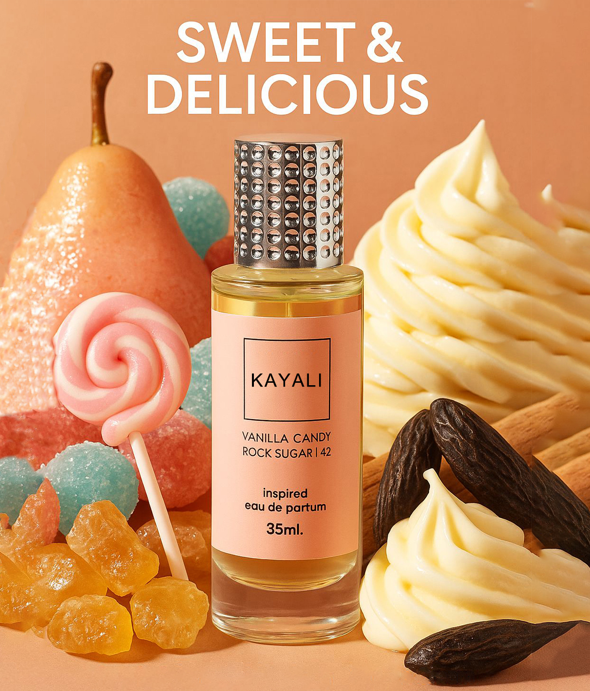 กลิ่น ✿คายาลิ วนิลา แคนดี้ ร็อค ซูการ์ หอมหวานแนว Gourmand ที่มีความสดใสและเย้ายวนใจ ได้รับแรงบันดาลใจจากขนมหวานให้มีความเบาและอ่อนเยาว์มากขึ้น