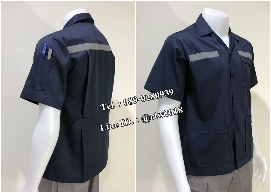 เสื้อช็อปแขนสั้นแบบสามกระเป๋าสีกรมติดสะท้อนแสง (รหัส A107)