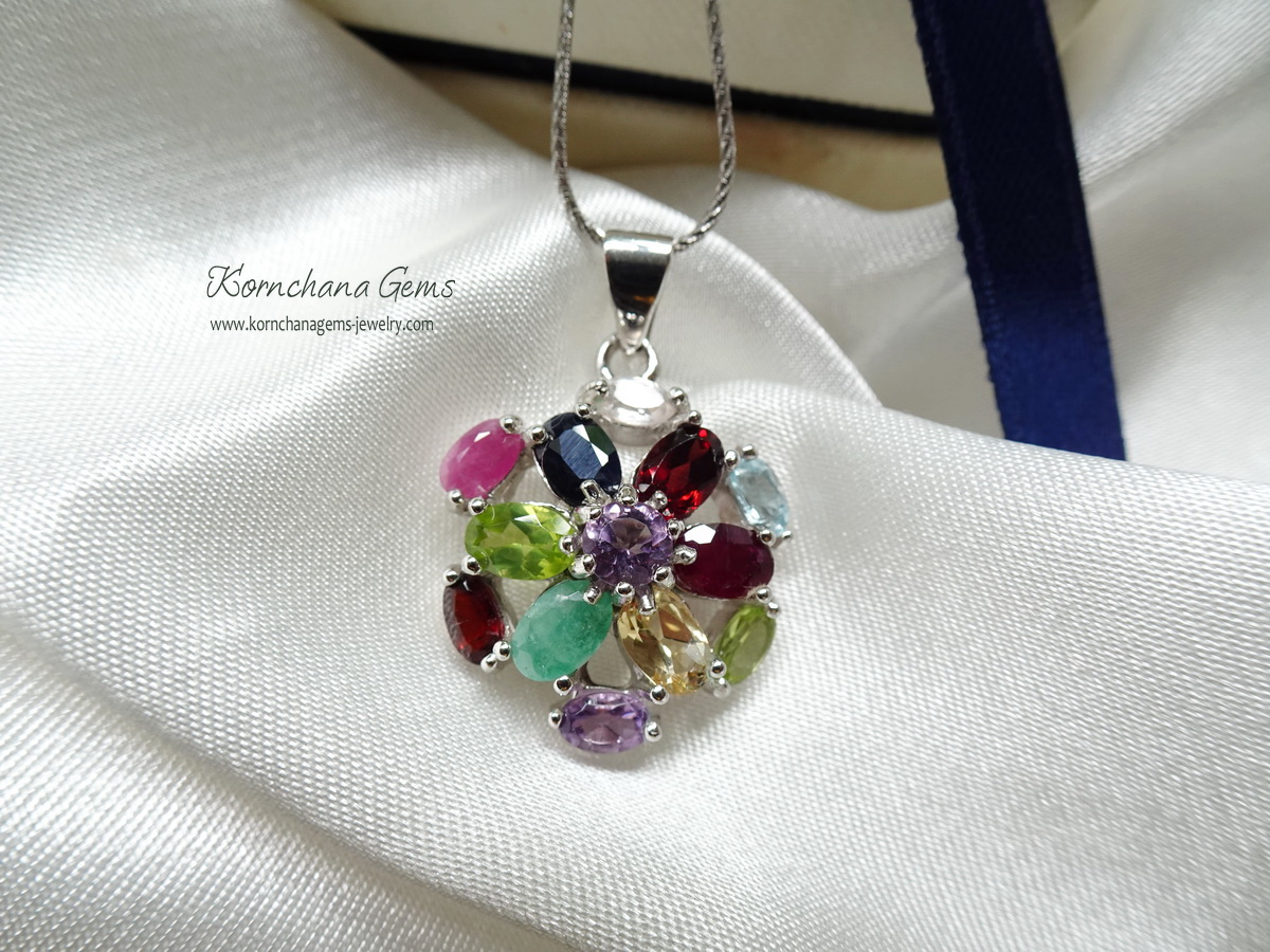 จี้พลอยแท้ multicolor gems pendant จี้พลอยนำโชค จี้พลอย 9 สี ทั้งแดงการ์เนท ชมพูทับทิม ม่วงอเมทิสท์ น้ำเงินไพลิน เขียวเพอริดอท
