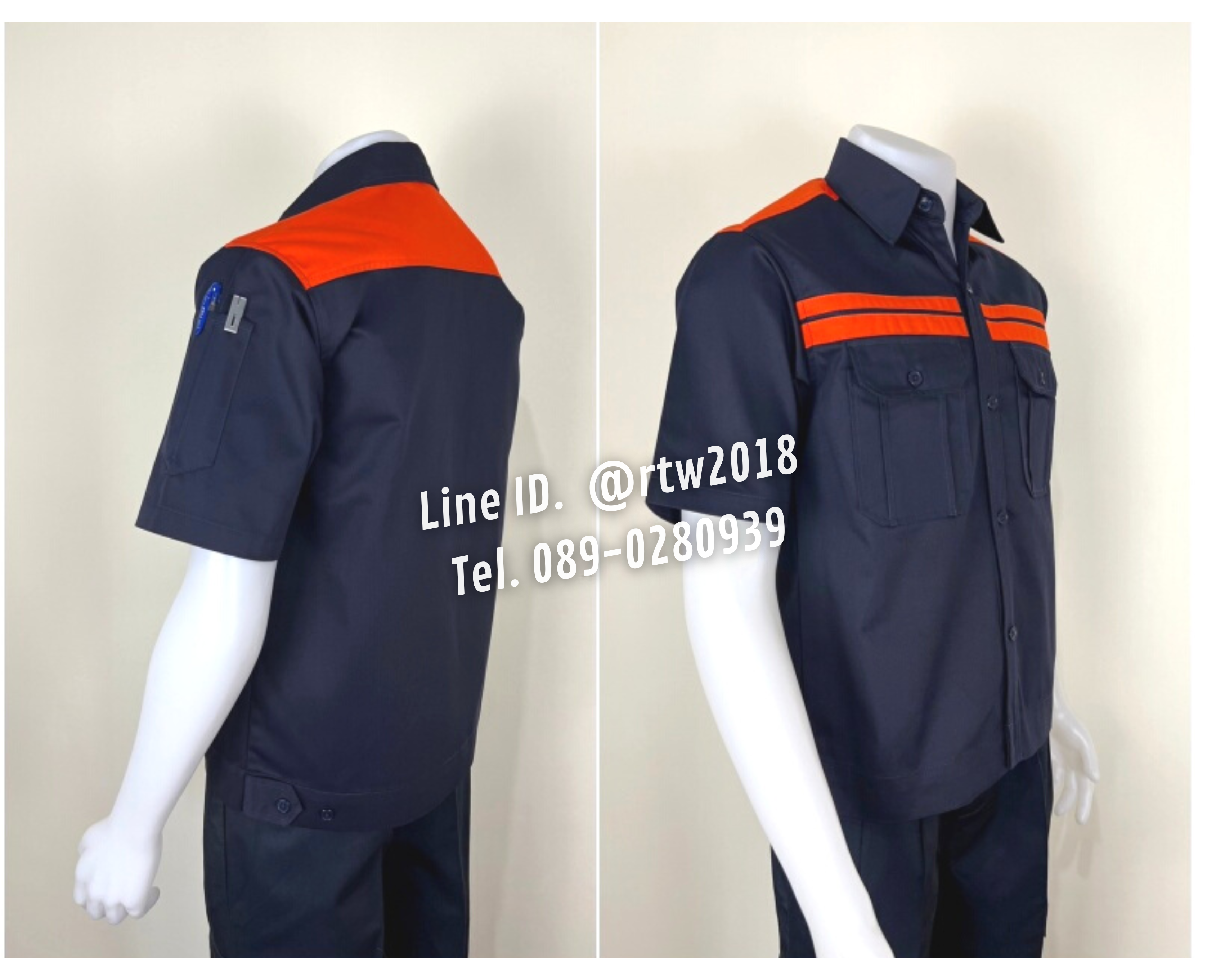 รหัส A19.2 : เสื้อช่างแขนสั้นผ้าคอมทวิวสีกรมท่าคาดอกส้มคู่