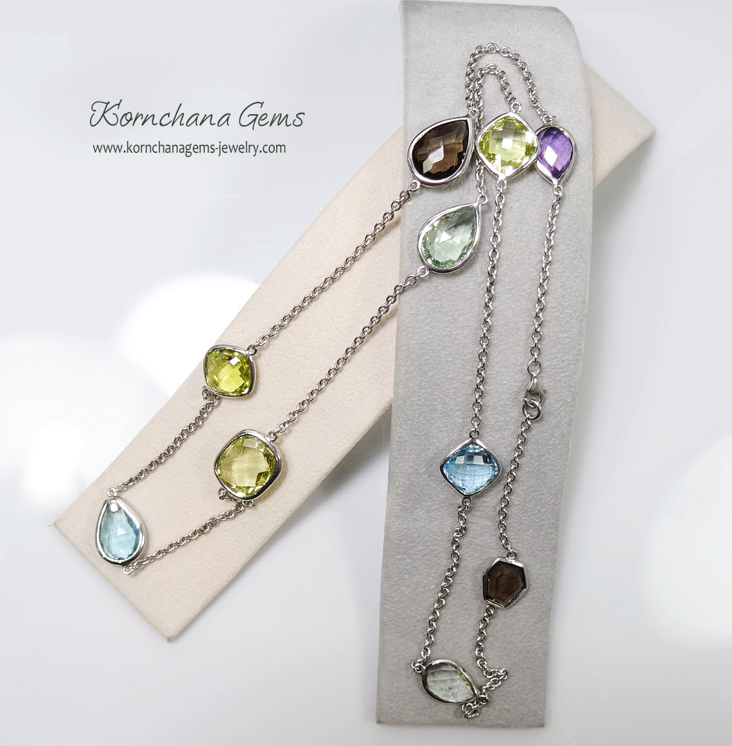 สร้อยคอพลอยแท้ สร้อยยาวแบบสวมหัวได้ โทนสีหวานๆด้วยม่วงอเมทิสท์สลับกรีนอเมทิสท์ และสกายบลูโทพาสสีฟ้าใส ตัวเรือนเงินแท้ สวมหัวได้เลยค่ะ