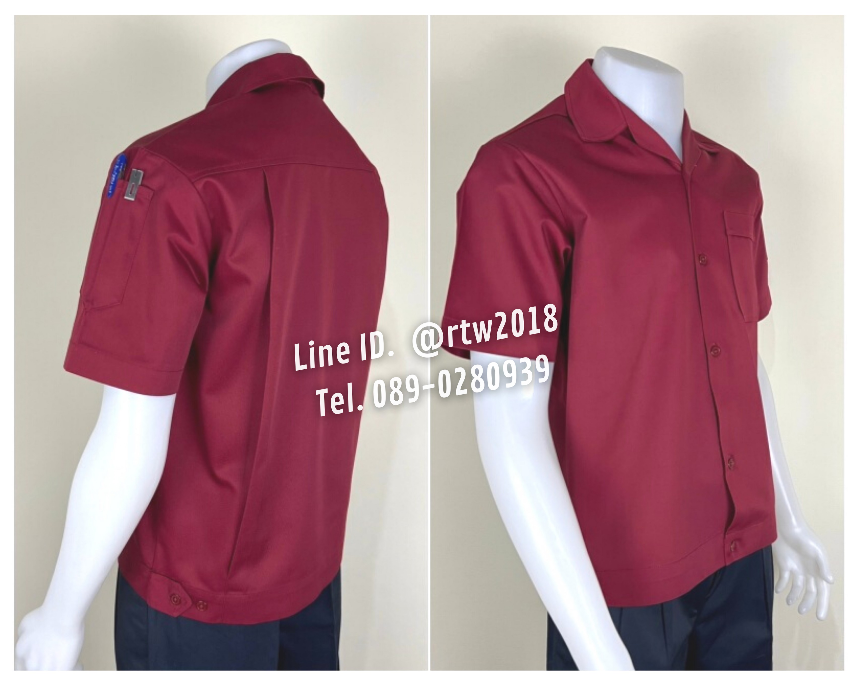 รหัส A3.3 : เสื้อช่างแขนสั้นผ้าคอมทวิวกระเป๋าเดียวสีเลือดหมูล้วน