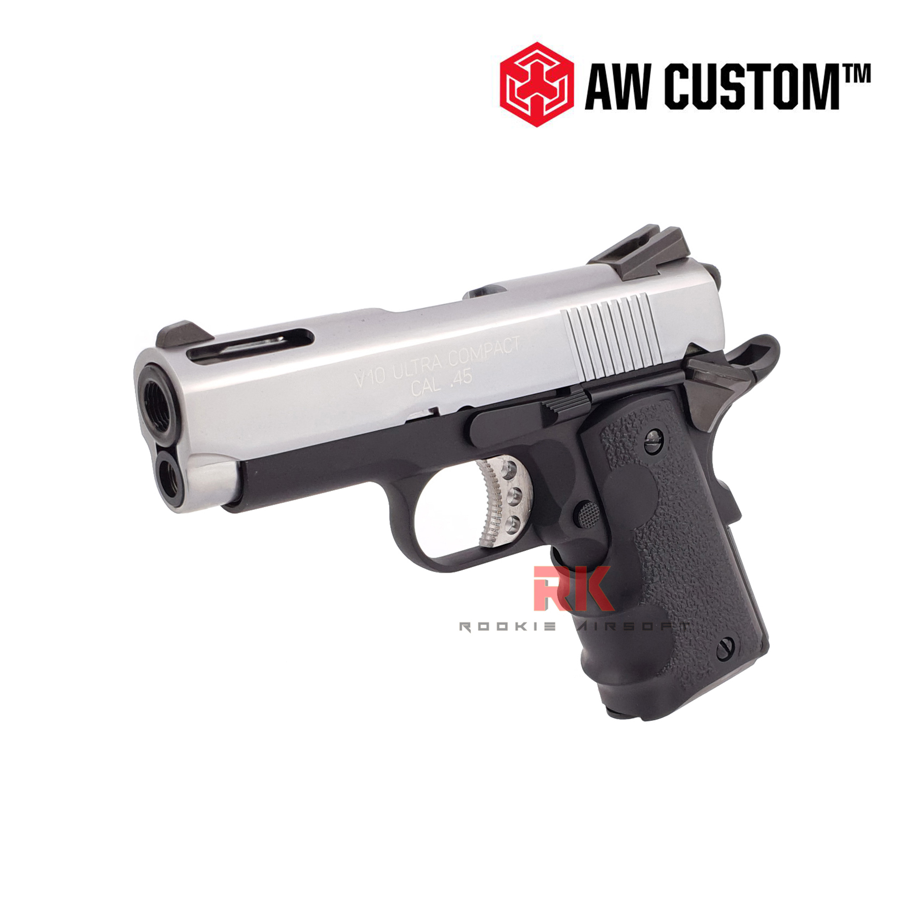 AW NE1003 M1911 Springfield V10 Ultra Compact .45ACP GBB - Silver Slide. Black Frame