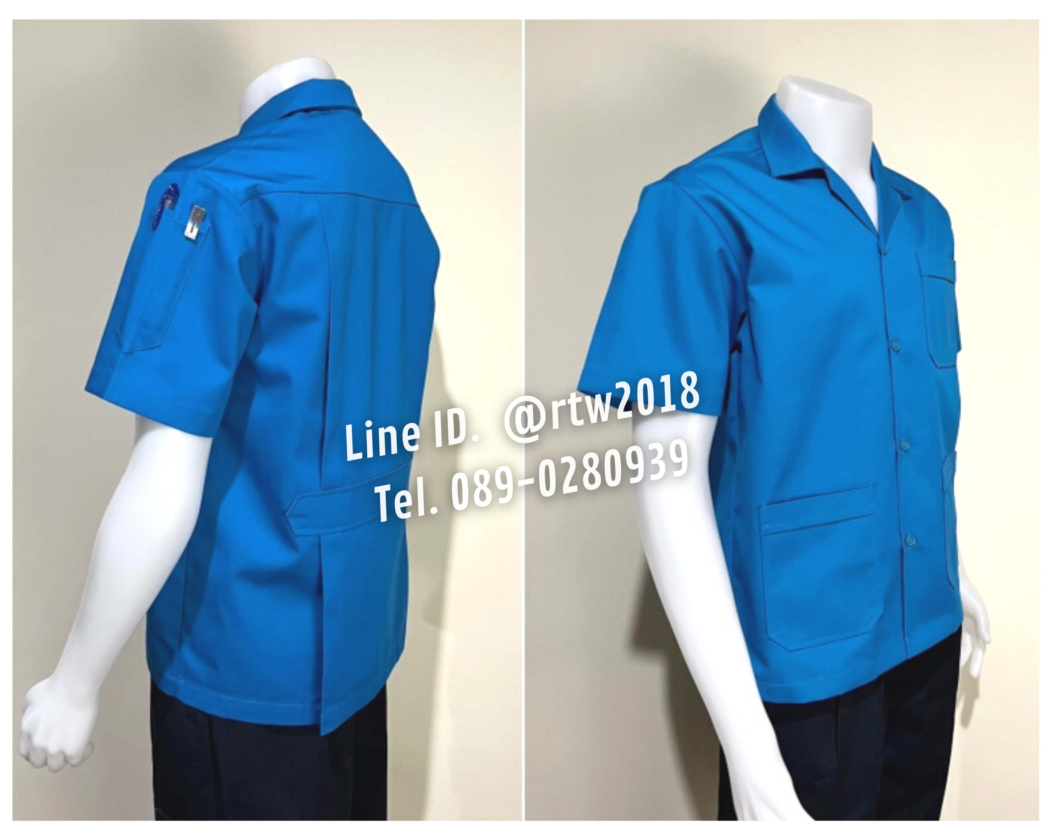 รหัส A1.3 : เสื้อช่างแขนสั้นผ้าคอมทวิวสามกระเป๋าสีฟ้าล้วน