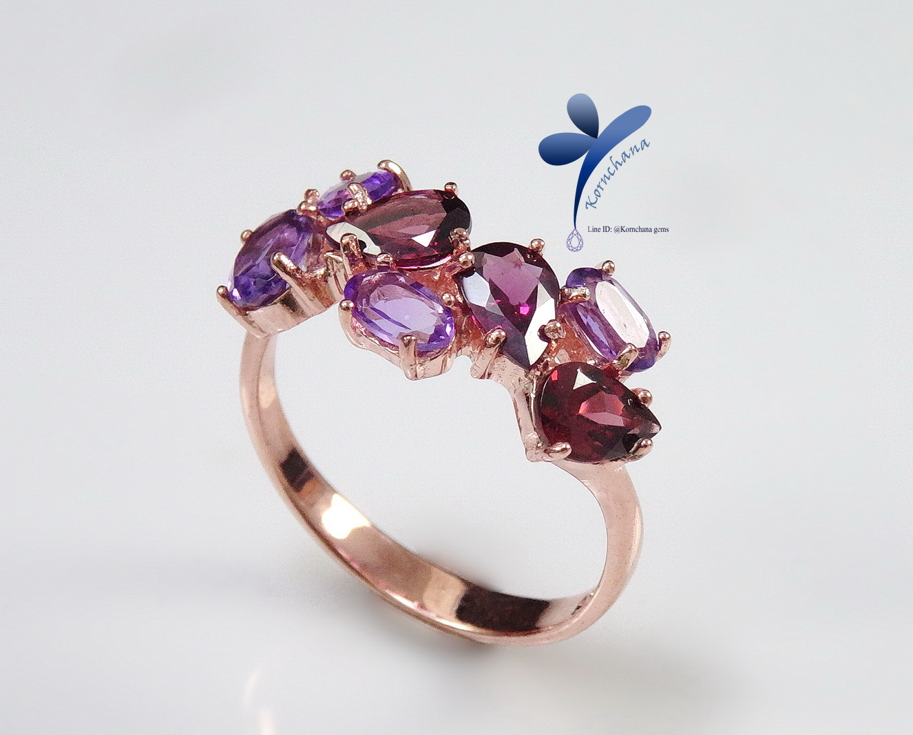 Garnet&Amethyst Ring แหวนการ์เนทสีน้ำตาลแดงสลับอเมทิสท์สีม่วงเข้มสลับม่วงอ่อน (แหวนพลอยผู้หญิง) ดีไซน์สวยเก๋ ตัวเรือนเงินแท้
