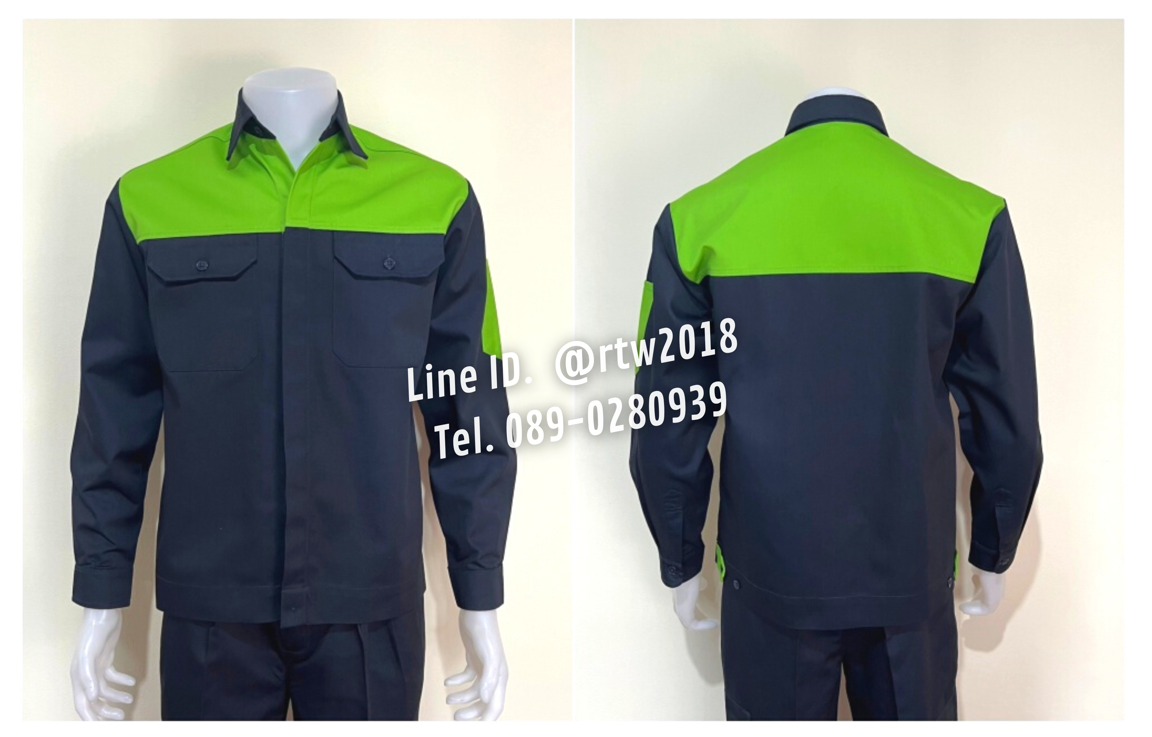 รหัส AB3.3 : เสื้อช่างแขนยาวผ้าคอมทวิวกรมท่าอกเขียวอ่อน (ซ่อนสาบ)