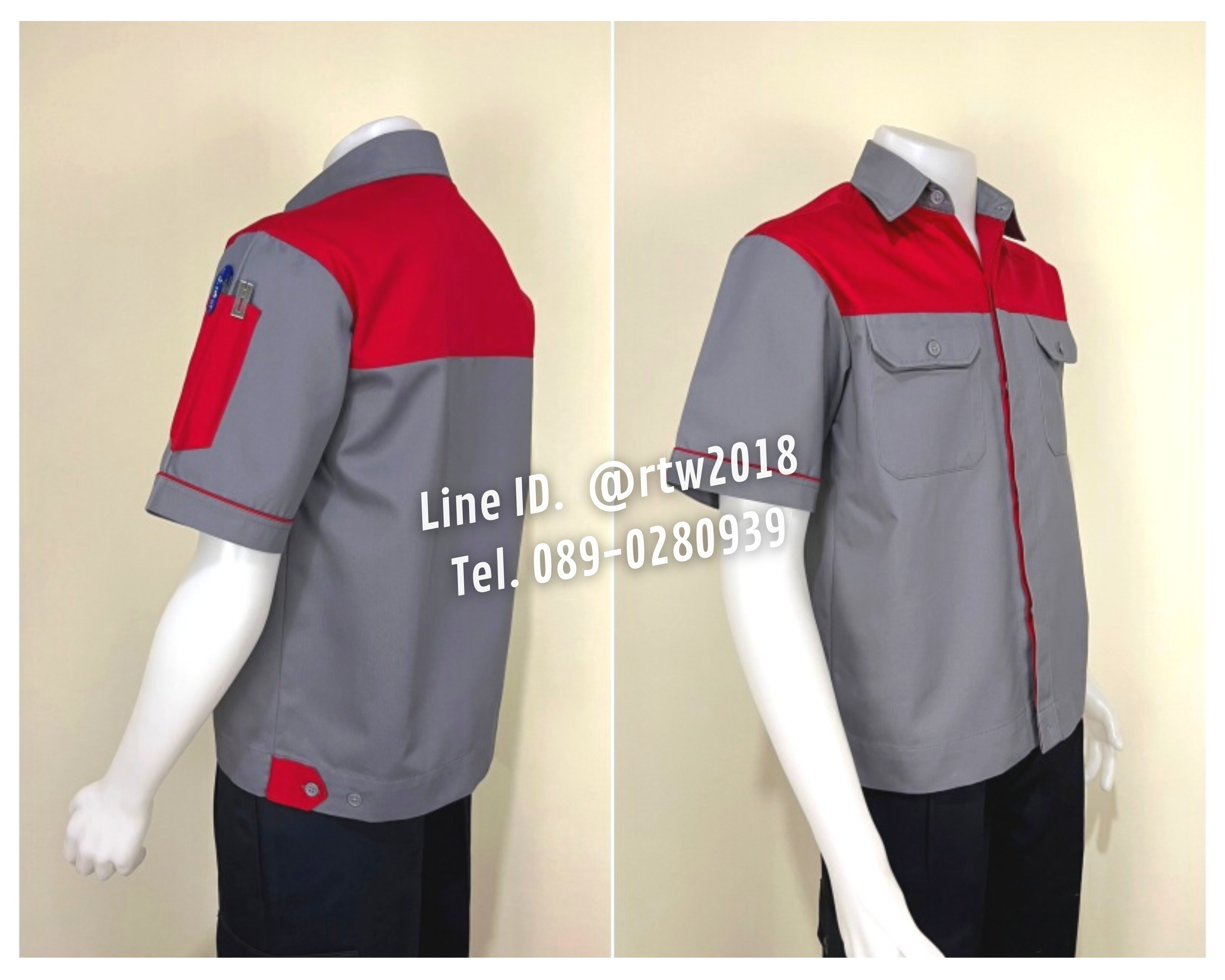 รหัส A8.8 : เสื้อช่างแขนสั้นผ้าคอมทวิวเทาอกแดง (ซ่อนสาบ)