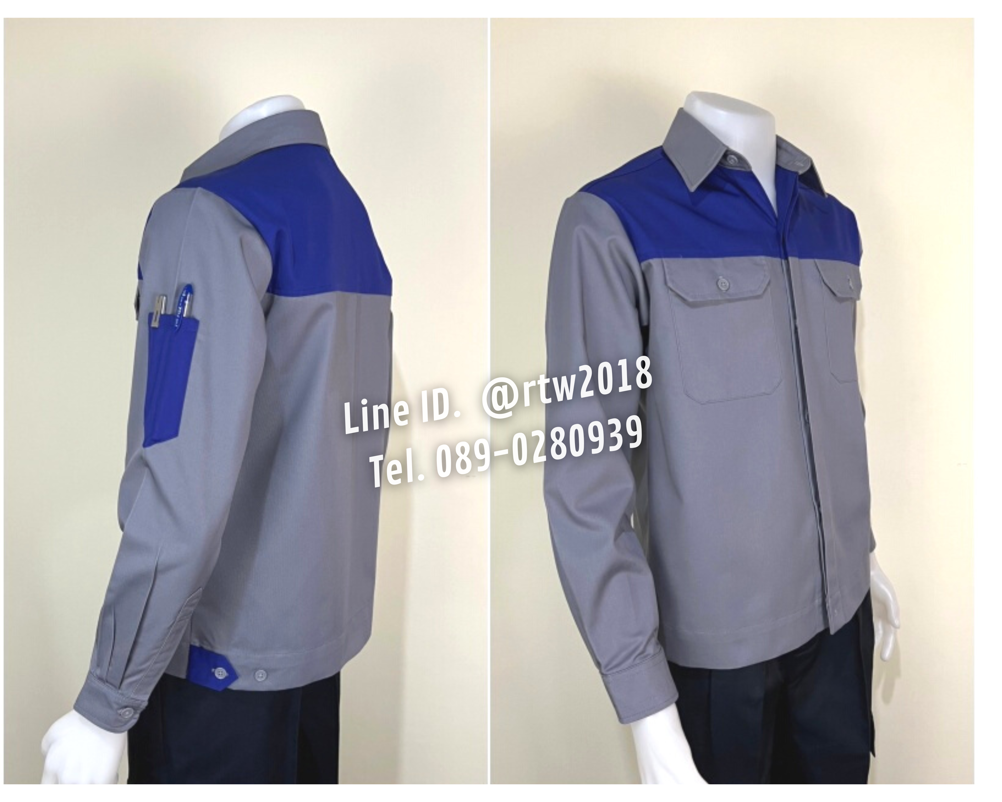 รหัส AB2.2 : เสื้อช่างแขนยาวผ้าคอมทวิวเทาอกน้ำเงิน (ซ่อนสาบ)