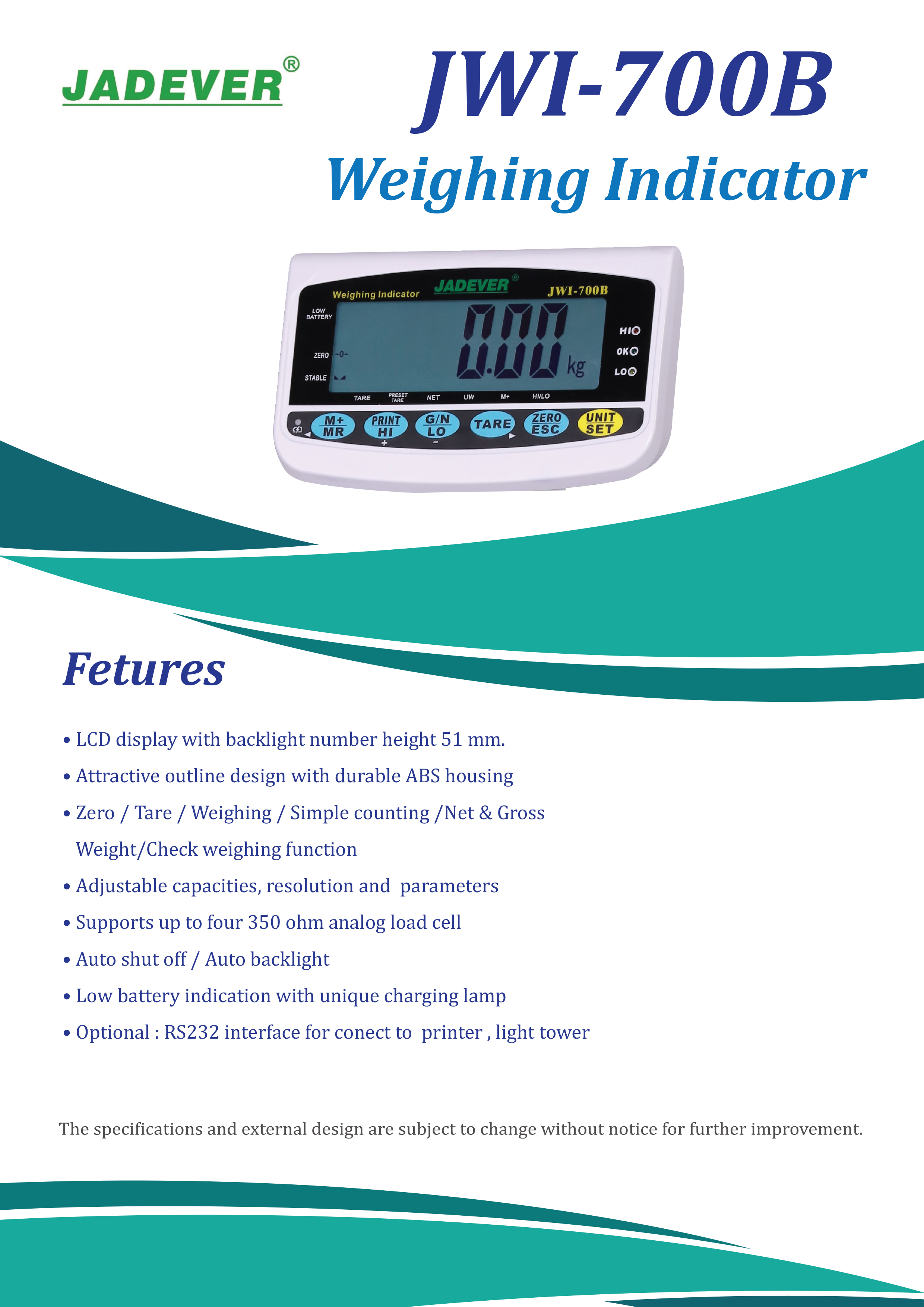 JADEVER เครื่องชั่งตั้งพื้น 60กิโล ขนาดแท่นชั่ง40x50Cm JWI-700B