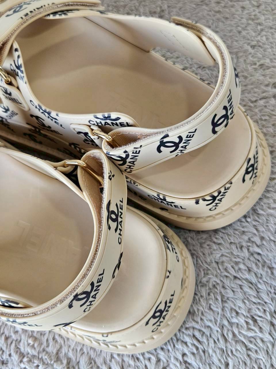 Chanel CC Dad Sandals In Rubber with God Hardware Beige
