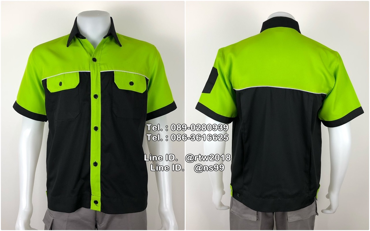 รหัส A115 : เสื้อช่างแขนสั้นผ้าคอมทวิวดำอกเขียวกุ้นขาว