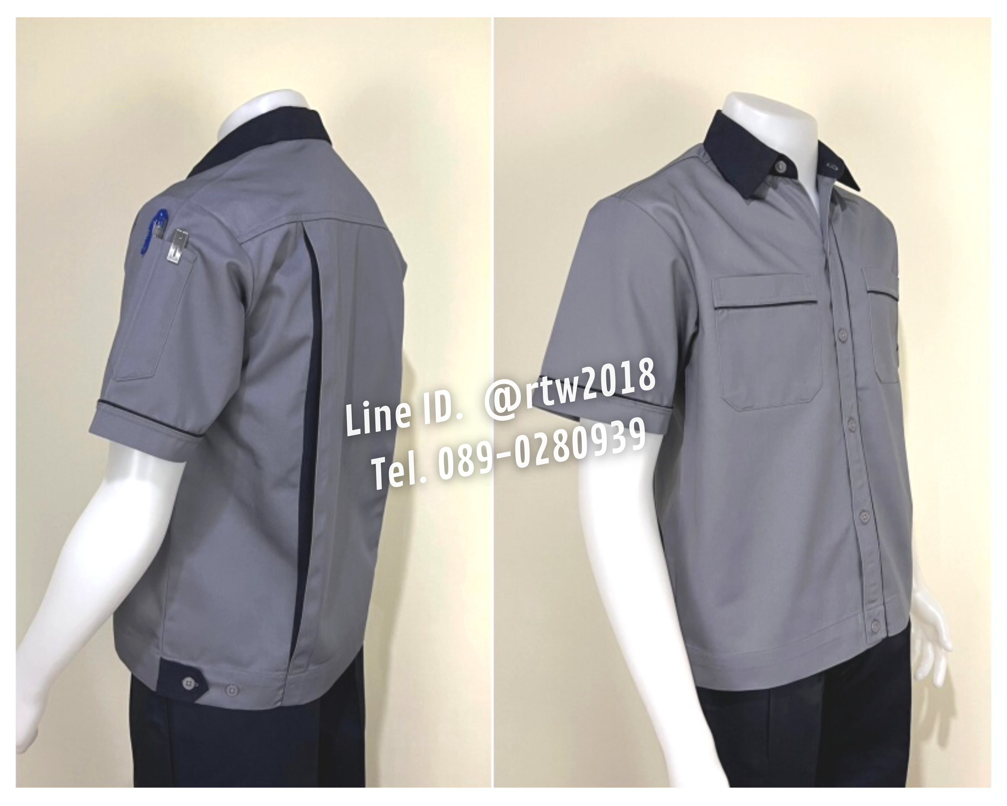 รหัส A5.5 : เสื้อช่างแขนสั้นผ้าคอมทวิวสีเทากุ้นกรมท่า