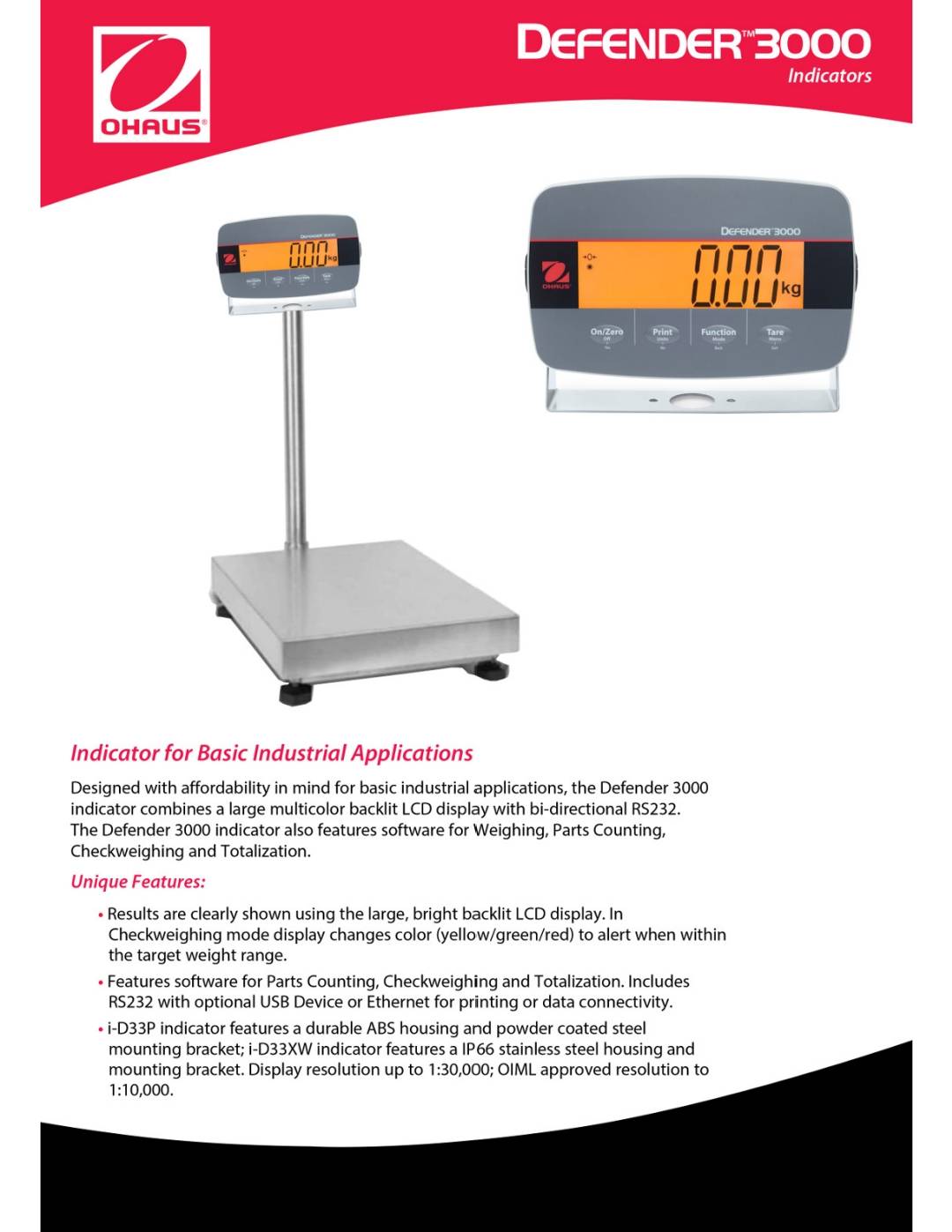 OHAUS เครื่องชั่งตั้งพื้น OHAUS Defender 3000 I-DT33P-4050M