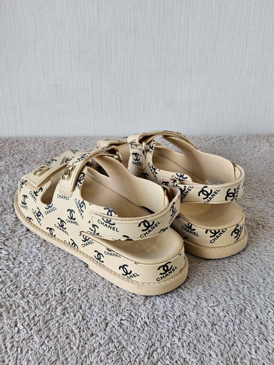 Chanel CC Dad Sandals In Rubber with God Hardware Beige