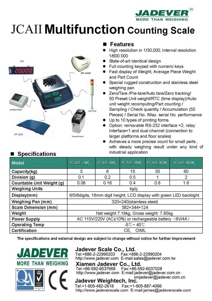 JADEVER เครื่องชั่งนับจำนวน เครื่องชั่งนับชิ้นงาน JCA