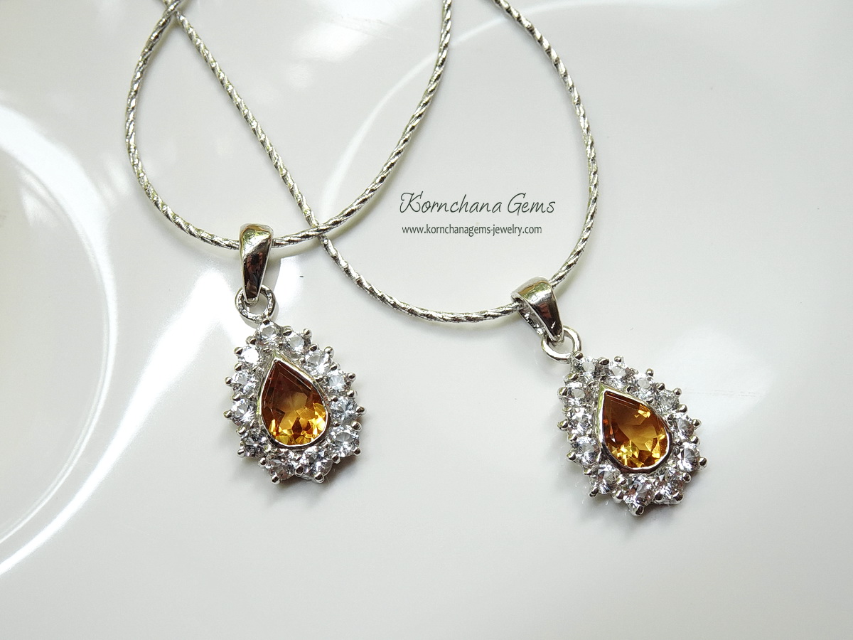 จี้พลอยซิทรินแท้ พลอยสีเหลืองทรงหยดน้ำ ล้อมด้วยพลอยขาวไวท์โทพาส ขนาดจี้ 2 ซม. ชิ้นงานประณีต ตัวเรือนเงินแท้ จัดส่งรวดเร็ว