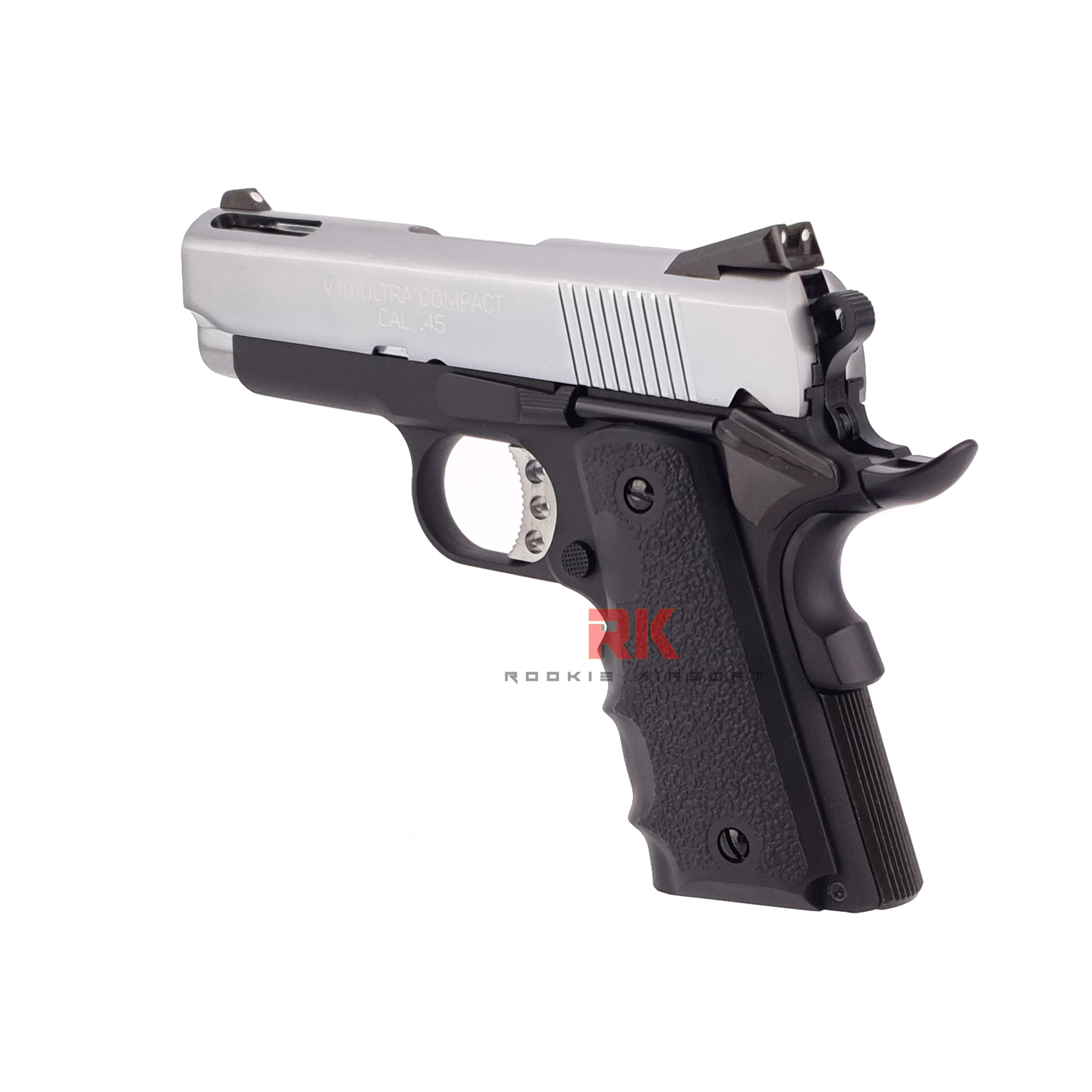 AW NE1003 M1911 Springfield V10 Ultra Compact .45ACP GBB - Silver Slide. Black Frame