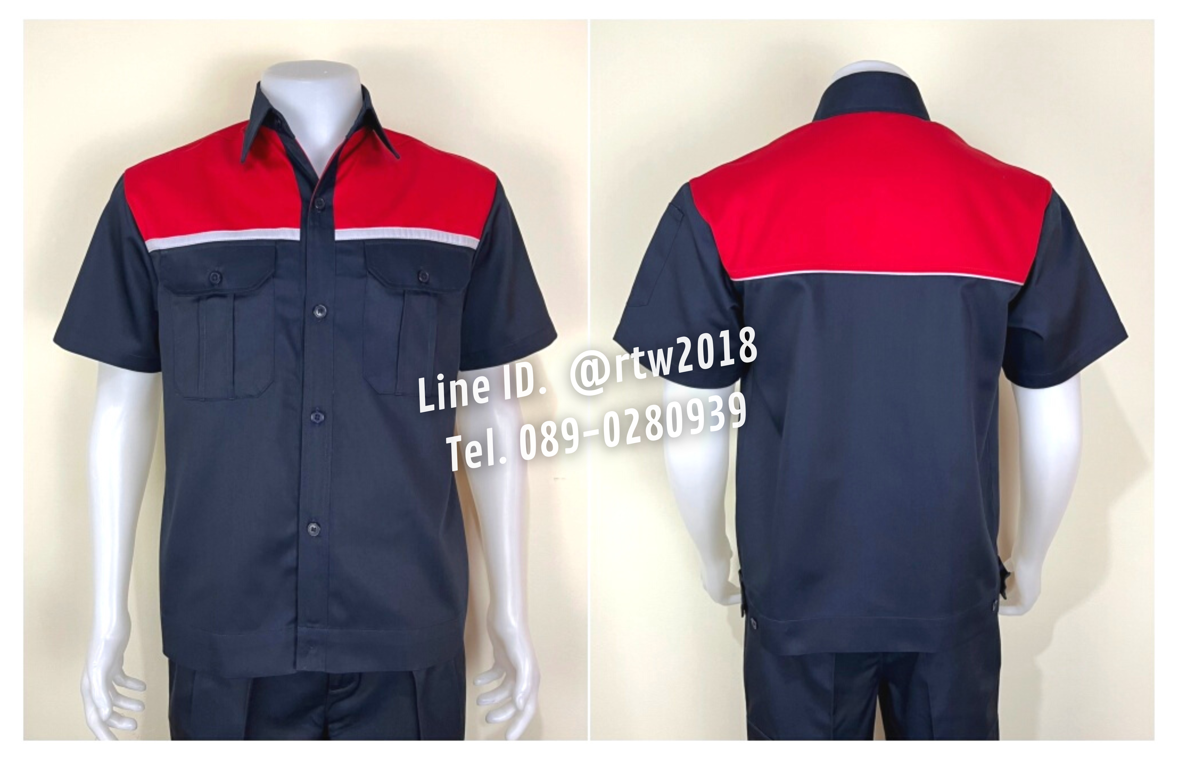 รหัส A20.3 : เสื้อช่างแขนสั้นผ้าคอมทวิวสีกรมท่าอกแดงแต่งเทา