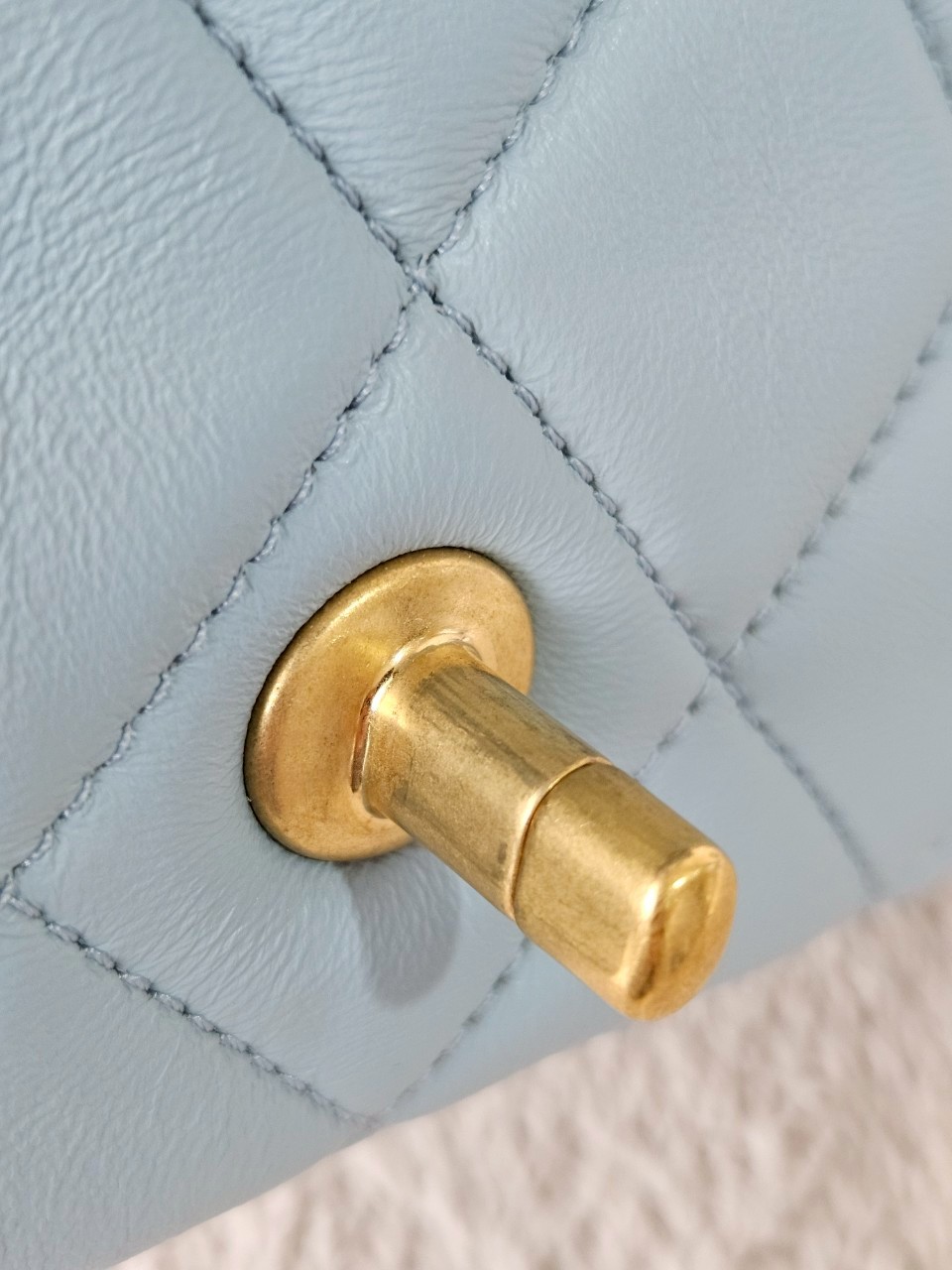 Chanel 22P Seasonal Mini Square Flap Bag Lambskin Light Blue And Enamel With Gold Hardware Metalplate