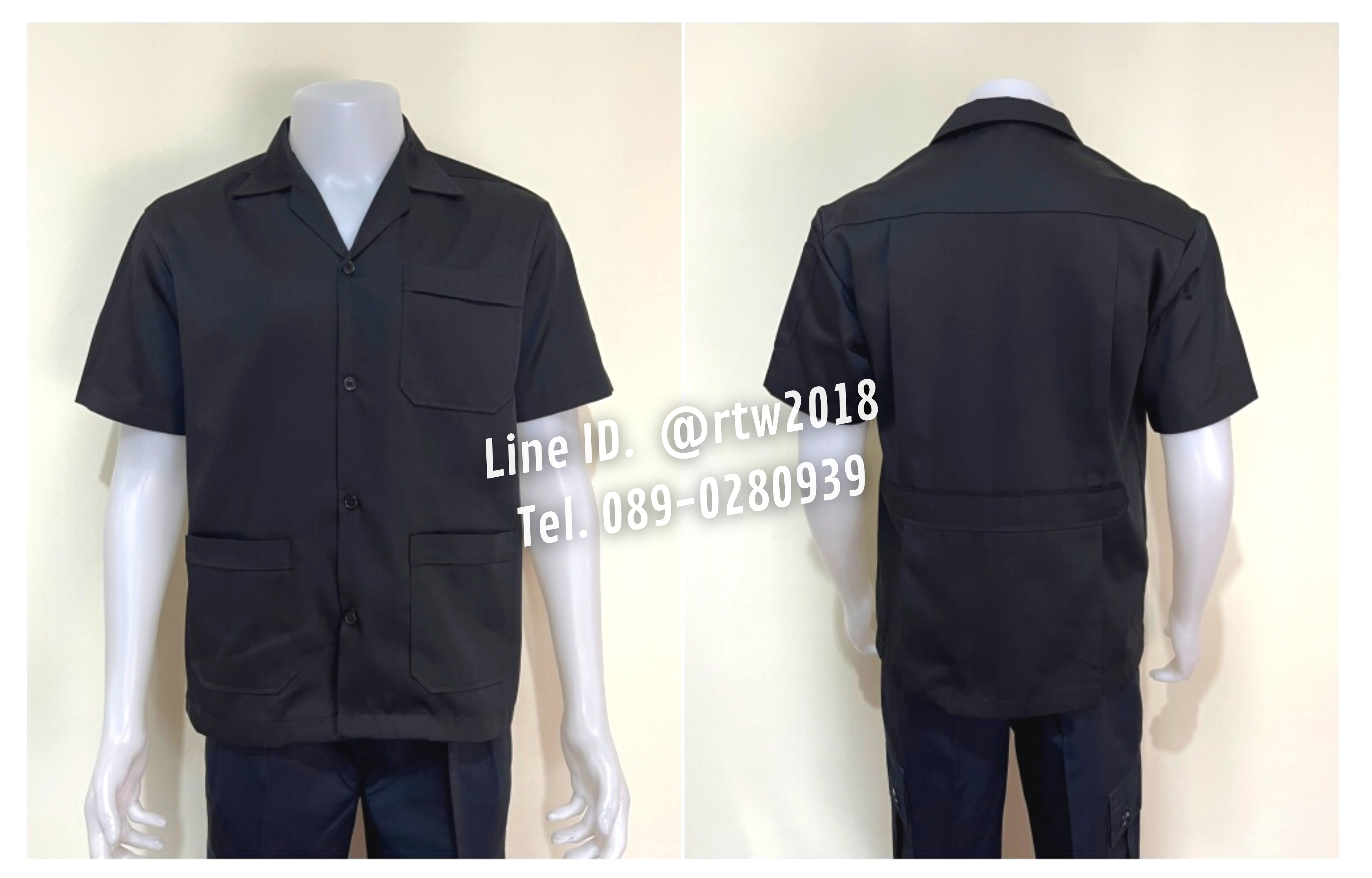 รหัส A1.10 : เสื้อช่างแขนสั้นผ้าคอมทวิวสามกระเป๋าสีดำล้วน