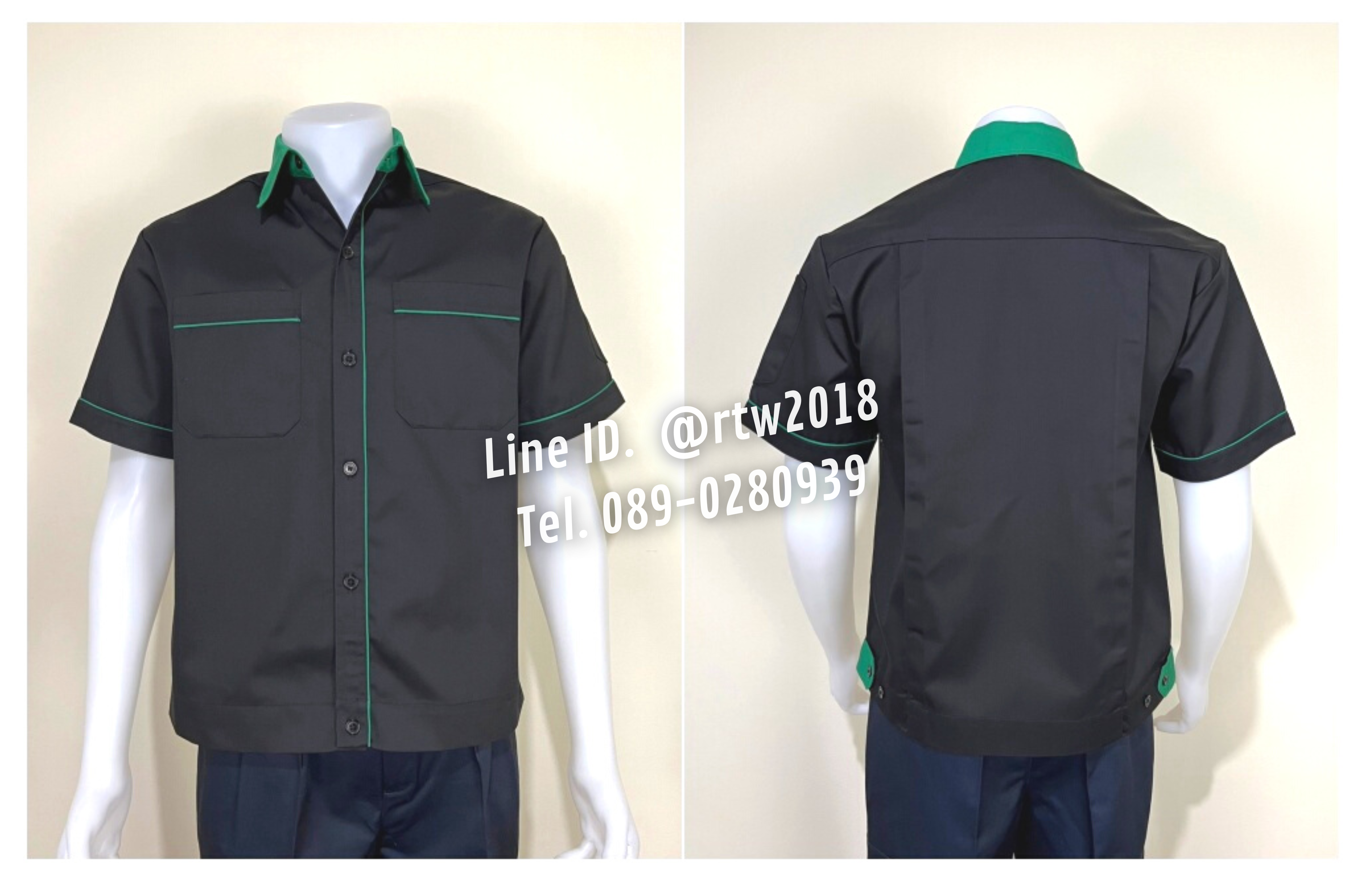 รหัส A7.4 : เสื้อช่างแขนสั้นผ้าคอมทวิวสีดำกุ้นเขียวเข้ม