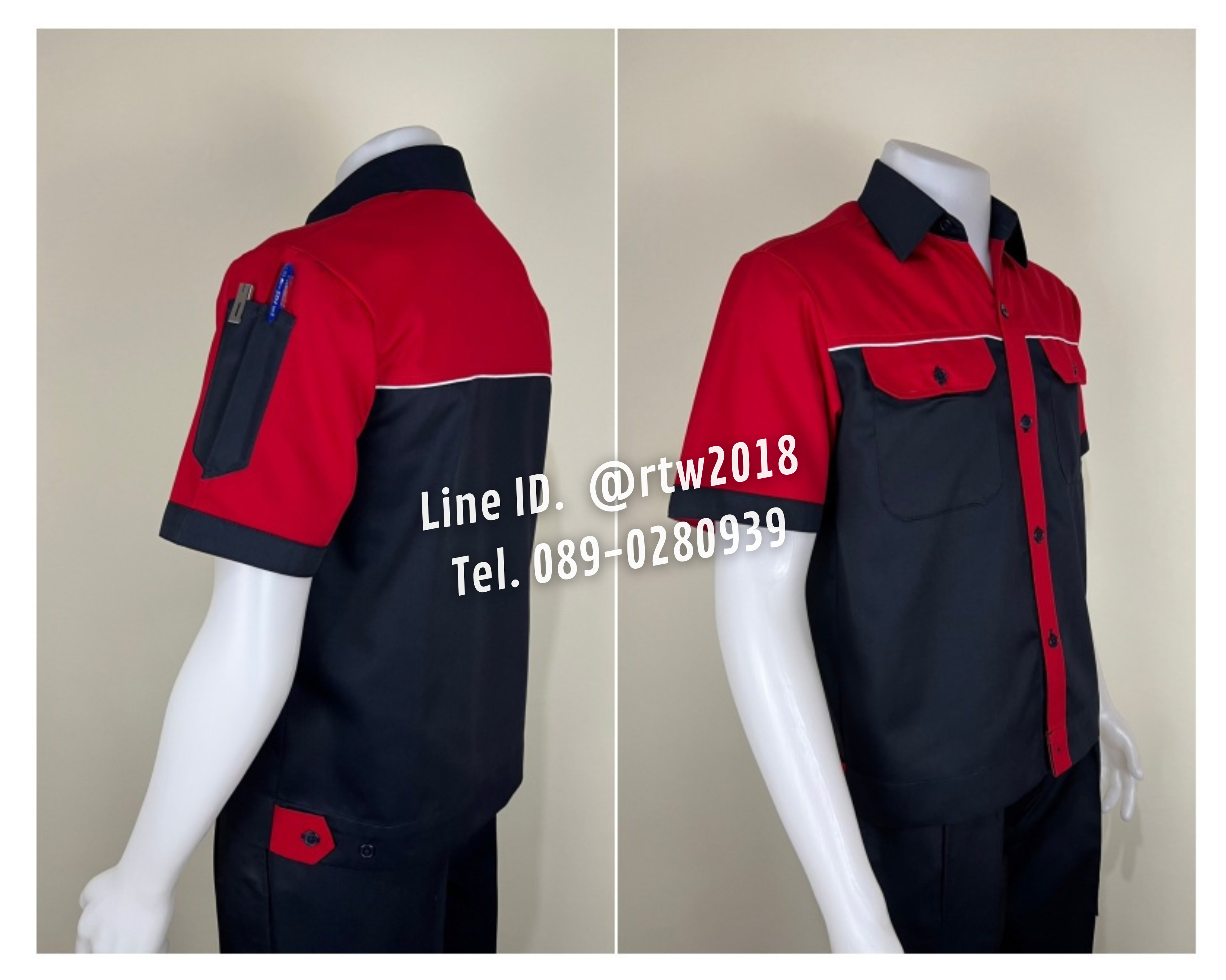 รหัส A26.3 : เสื้อช่างแขนสั้นผ้าคอมทวิวสีกรมท่าอก+แขนแดง (กุ้นขาว)