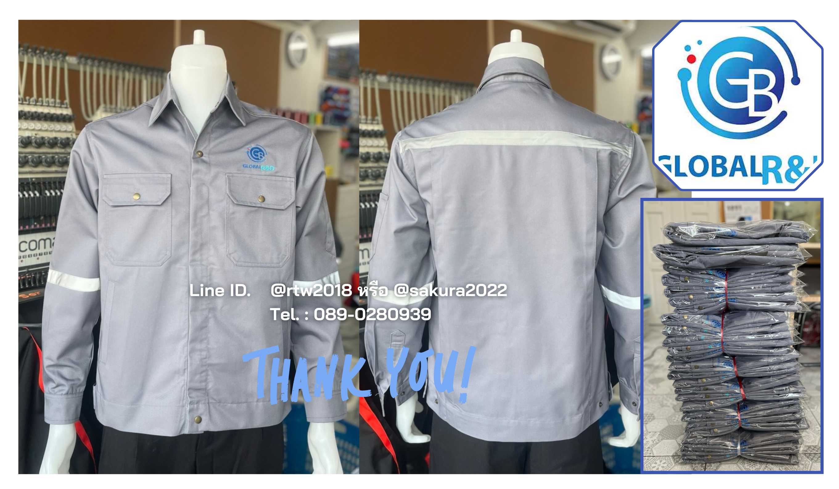 รหัส AB17.2 : เสื้อช่างแจ็คเก็ตแขนยาวผ้าคอมทวิว 4 กระเป๋าสีเทา (ติดสะท้อนแสง)