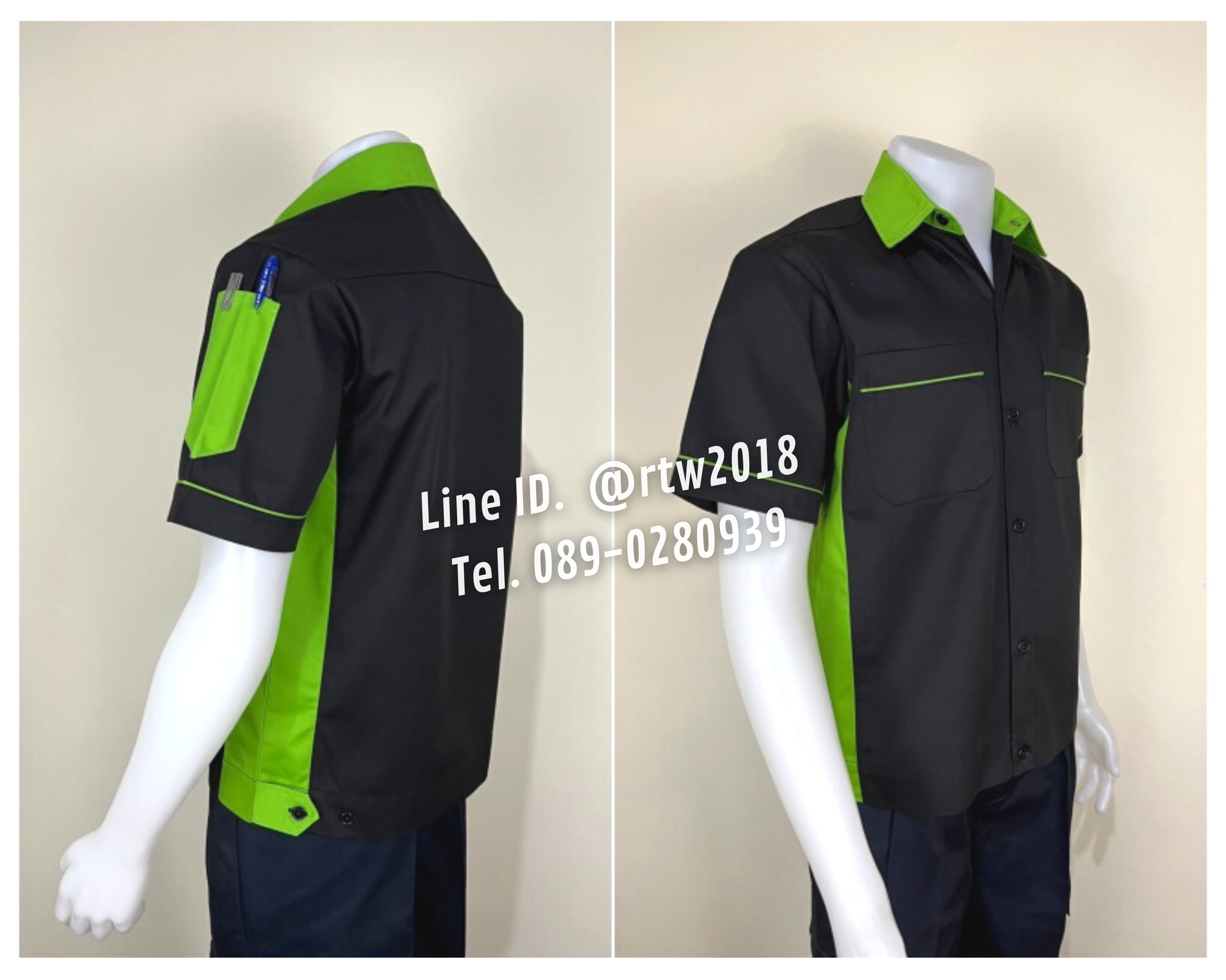 รหัส A13.5 : เสื้อช่างแขนสั้นผ้าคอมทวิวสีดำข้างเขียวอ่อน