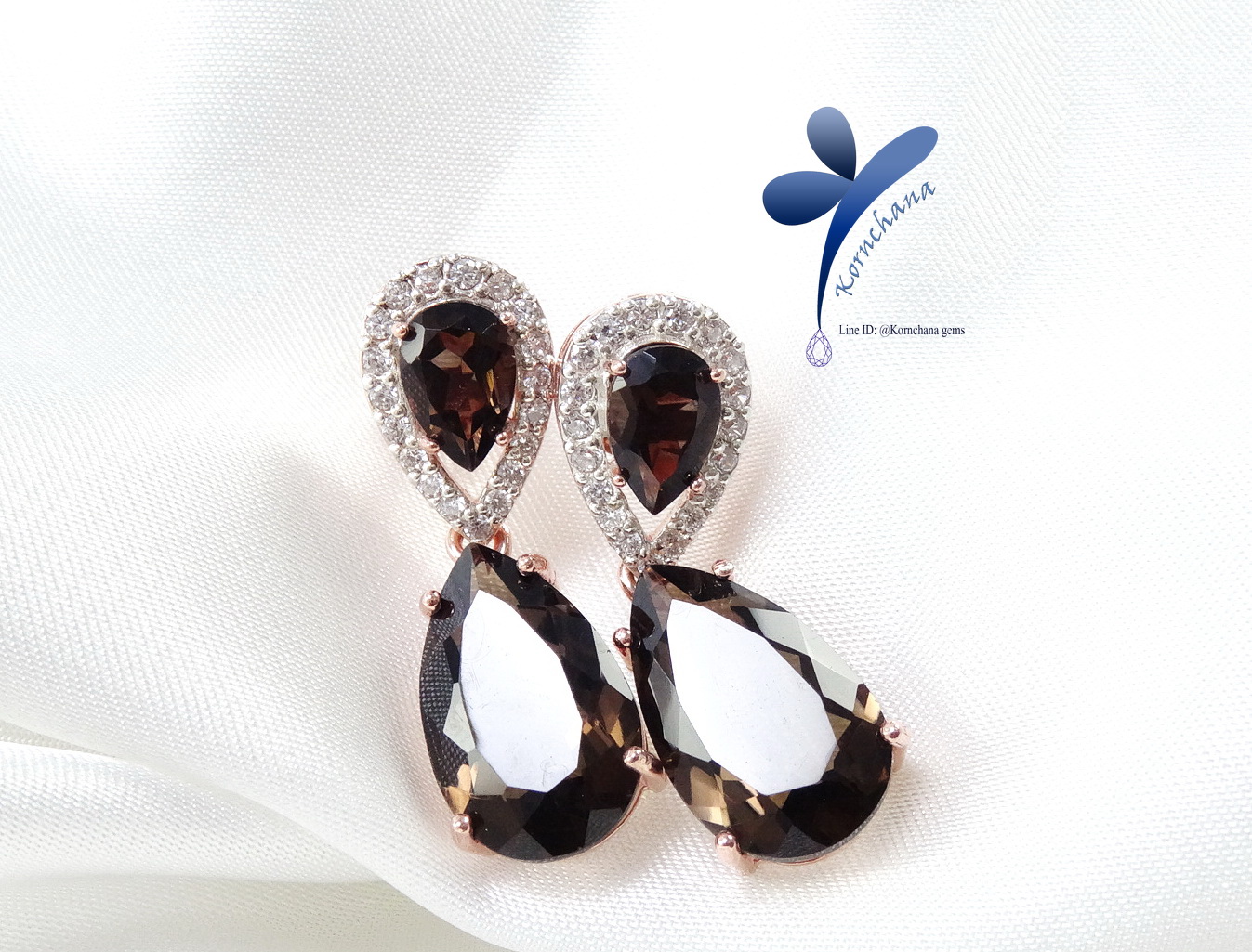 Smoky Quarts Earring ต่างหูสโมคกี้ควอทซ์พลอยสีเทาอมน้ำตาล สวยเข้ม ตัวเรือนเงินแท้ชุบพิงค์โกลด์