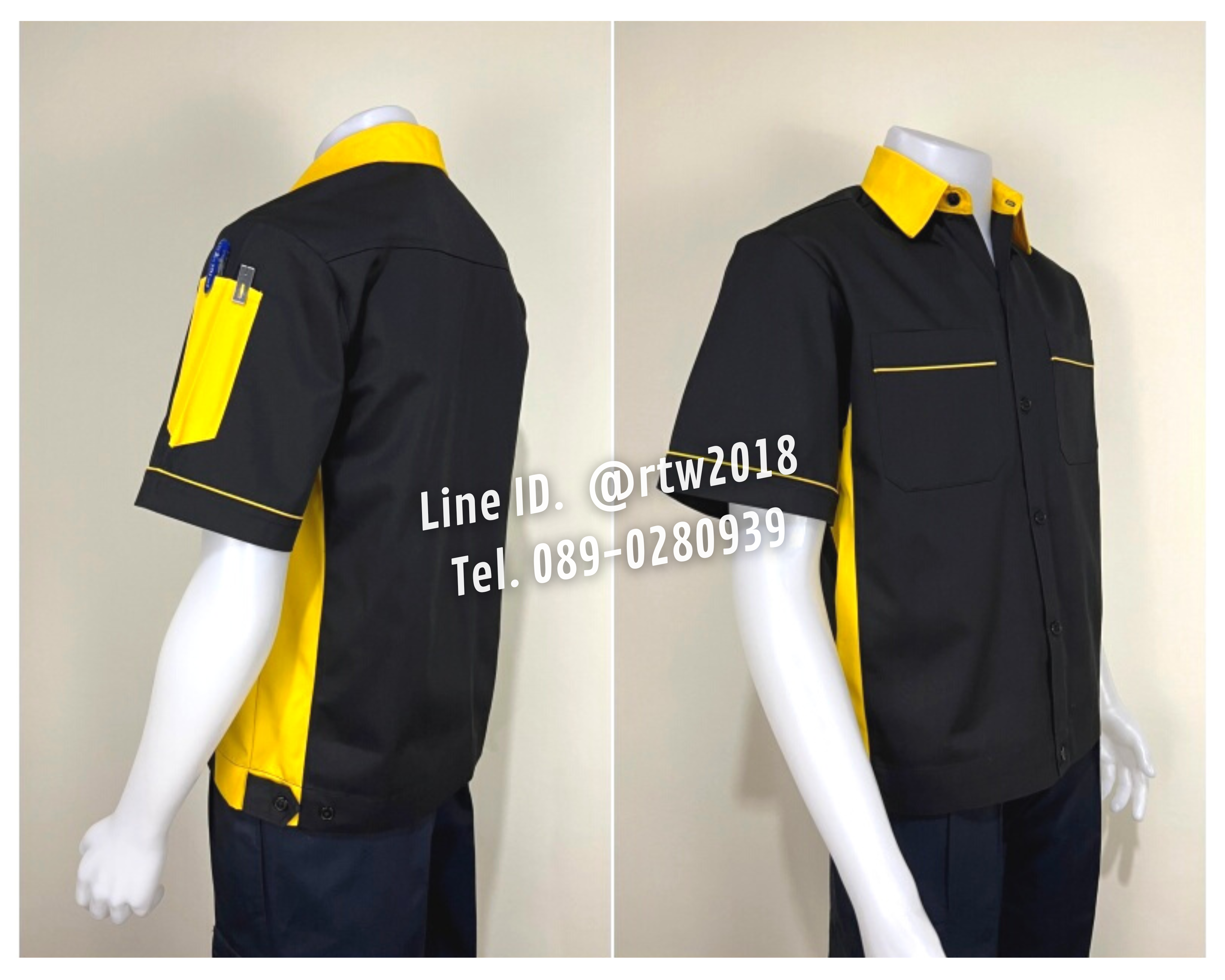 รหัส A13.7 : เสื้อช่างแขนสั้นผ้าคอมทวิวสีดำข้างเหลือง