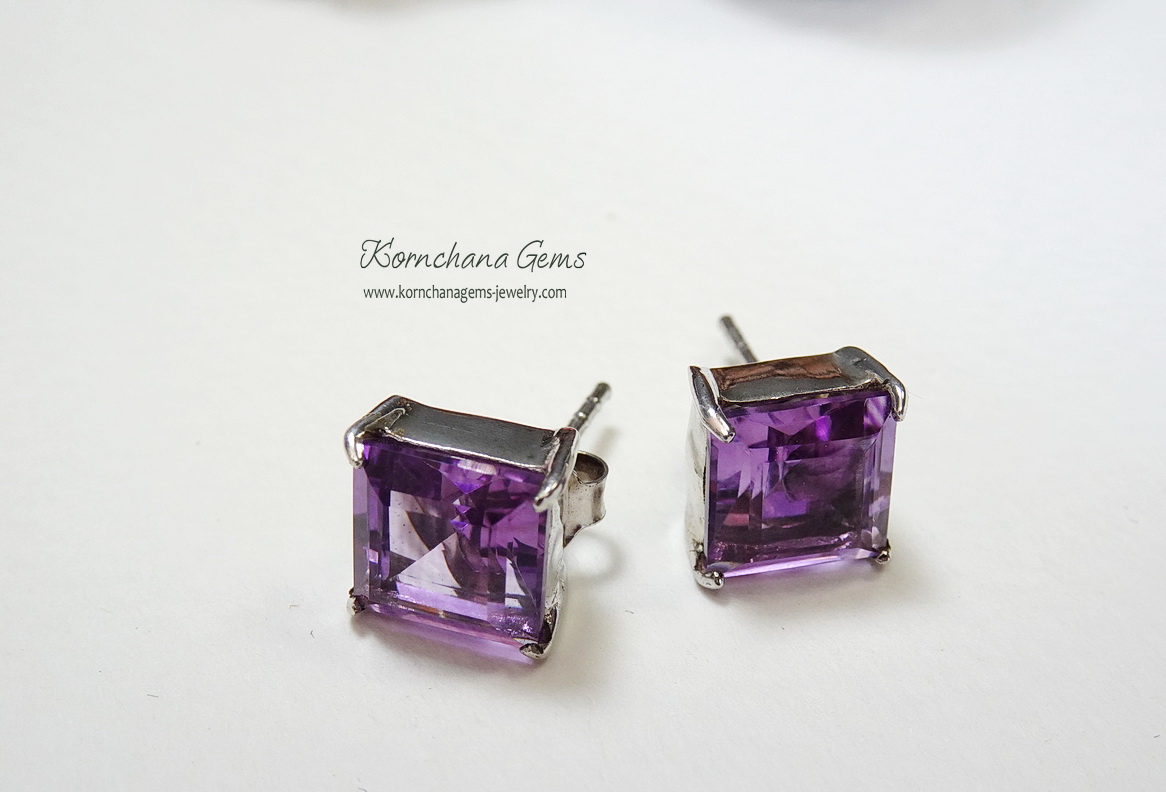 Square Amethyst Set เซ็ทแหวน,สร้อยคอพร้อมจี้ และต่างหูอเมทิสต์ทรงสี่เหลี่ยม ตัวเรือนเงินแท้ silver925